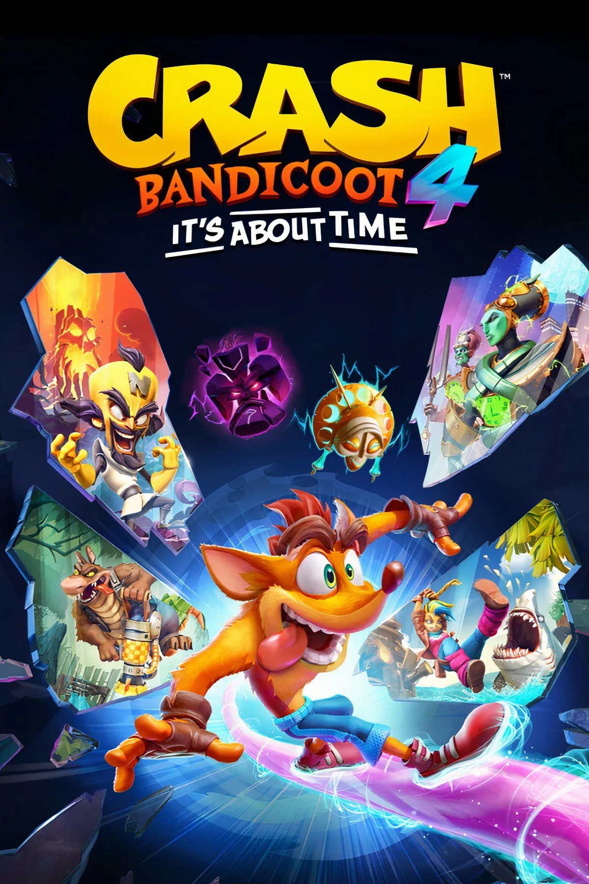Crash Bandicoot và Coco di chuyển giữa không gian đa chiều đầy màu sắc và chướng ngại vật trong Crash Bandicoot 4