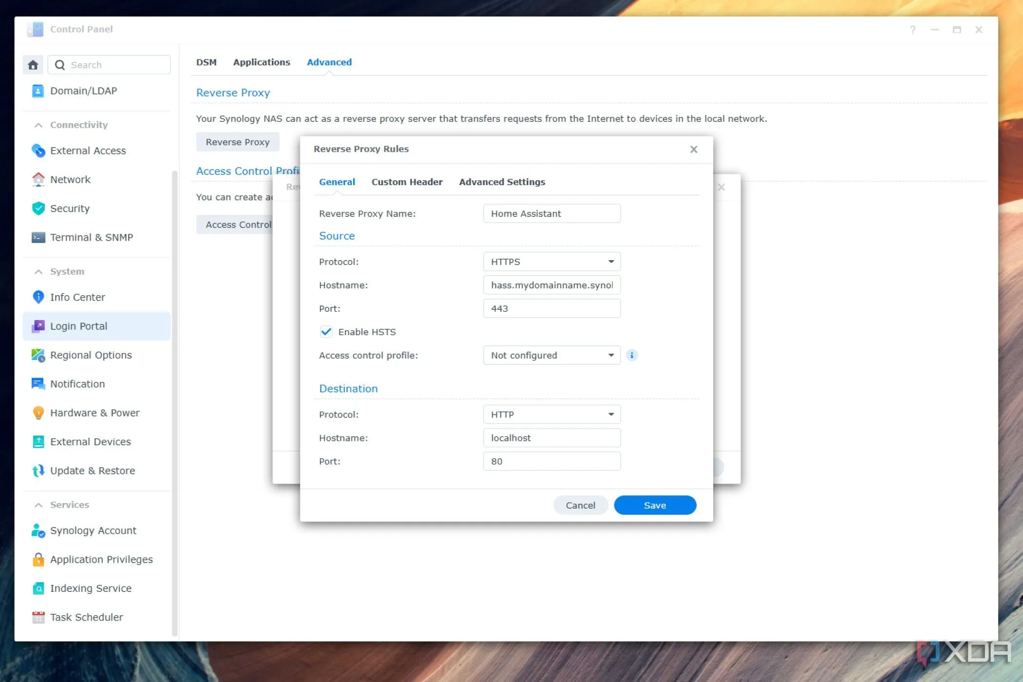 Cửa sổ cài đặt Reverse Proxy trên Synology NAS, minh họa cách cấu hình nguồn và đích cho ứng dụng web