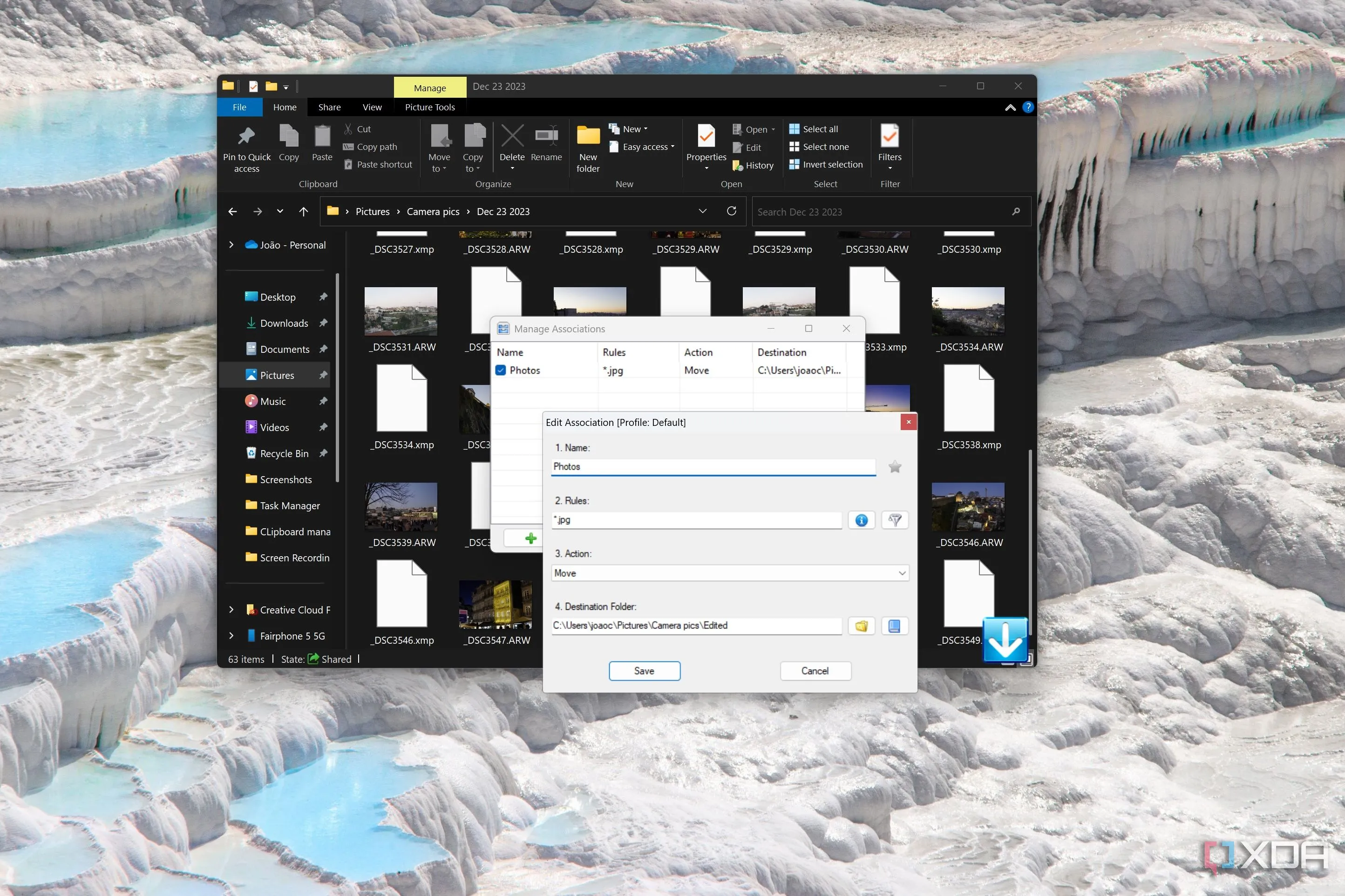 Cửa sổ cấu hình DropIt hiển thị trên File Explorer, minh họa cách sắp xếp tệp tin