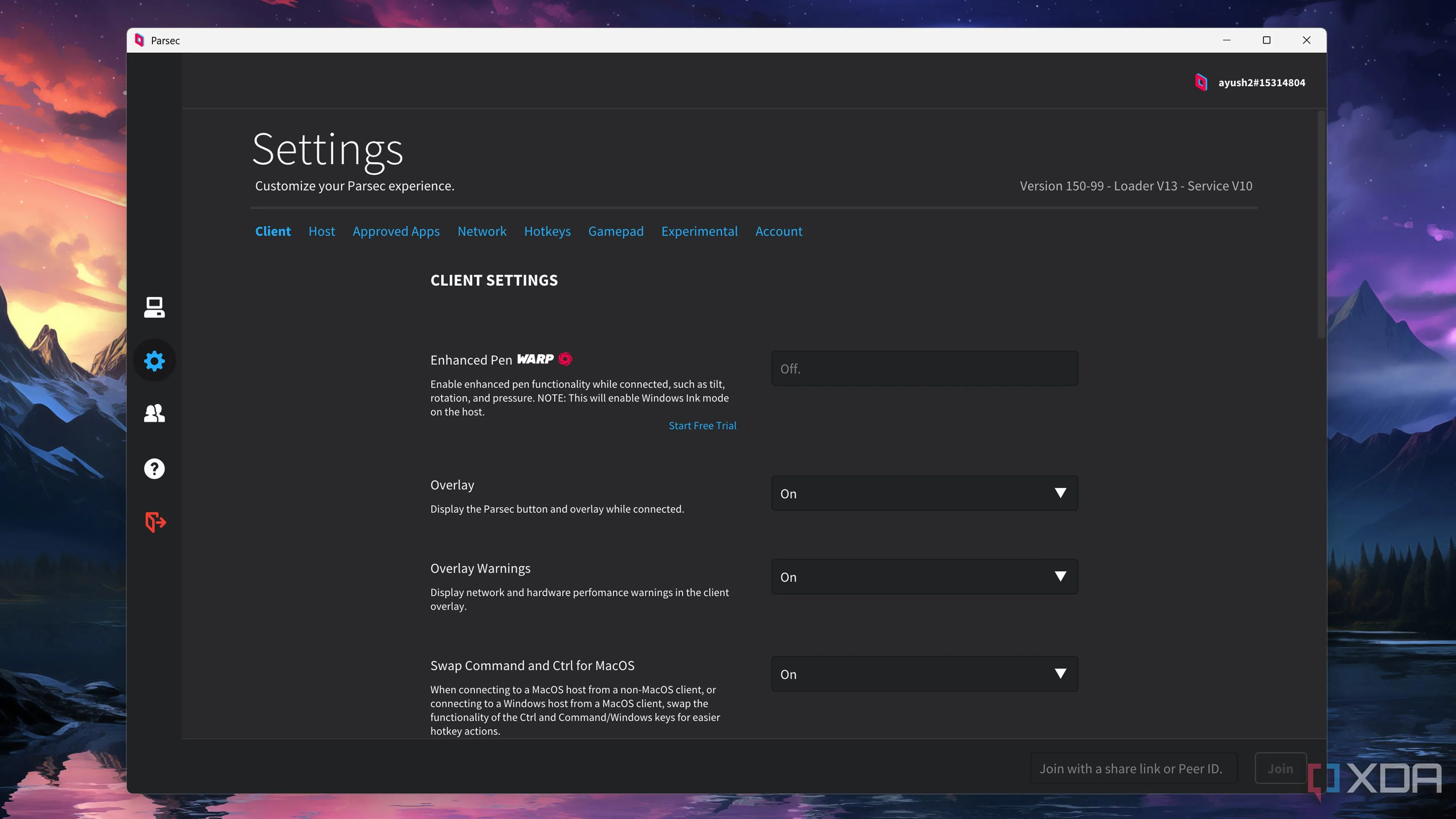 Cửa sổ cấu hình ứng dụng Parsec trên máy ảo Windows 11 để tối ưu việc truyền tải game và màn hình