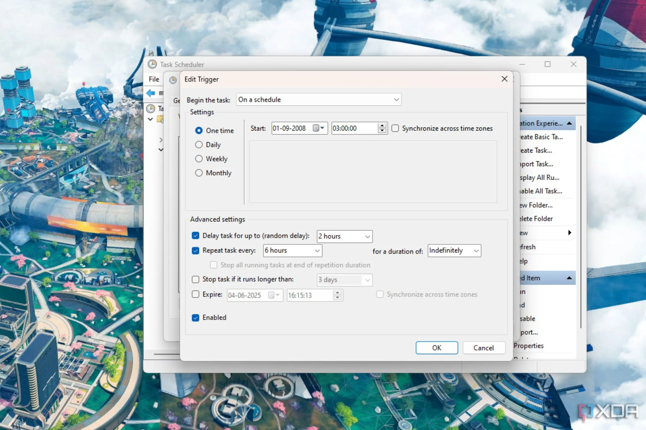 Cửa sổ chỉnh sửa trigger trong Task Scheduler trên Windows