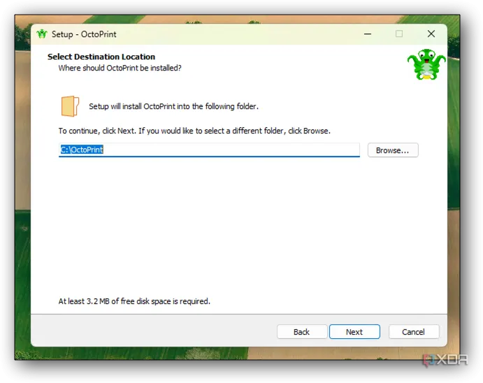 Cửa sổ chọn thư mục cài đặt OctoPrint, nên giữ tùy chọn mặc định cho người dùng phổ thông