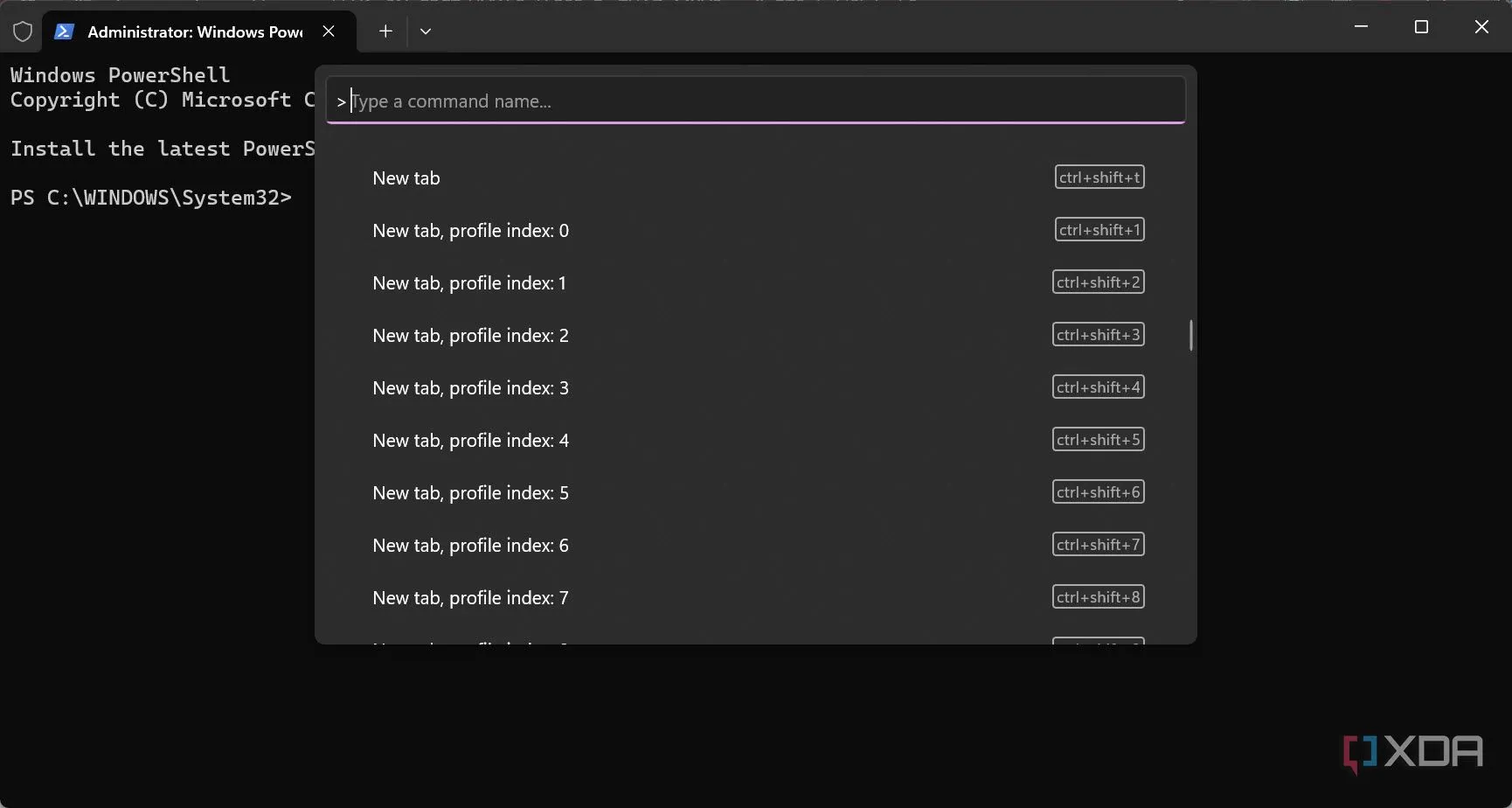 Cửa sổ Command Palette của Windows Terminal hiển thị danh sách các lệnh và phím tắt tương ứng để tối ưu thao tác.