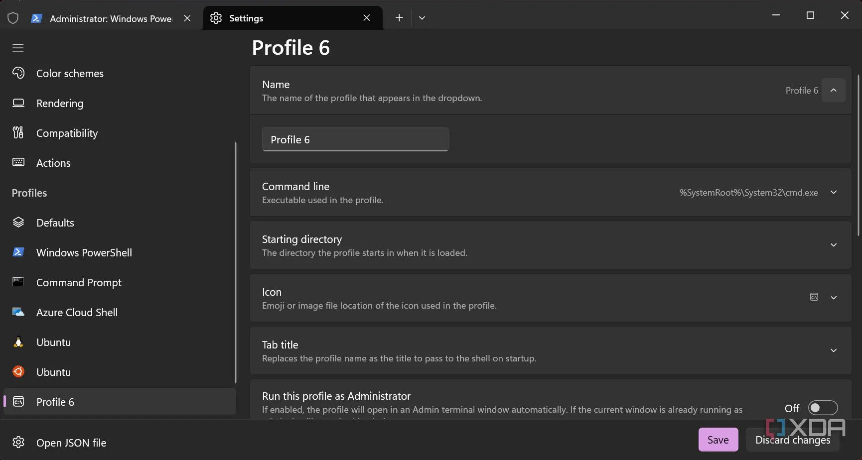 Cửa sổ &quot;Create a new profile&quot; trong Windows Terminal, với các trường nhập liệu tên, đường dẫn thực thi, thư mục khởi động và biểu tượng.