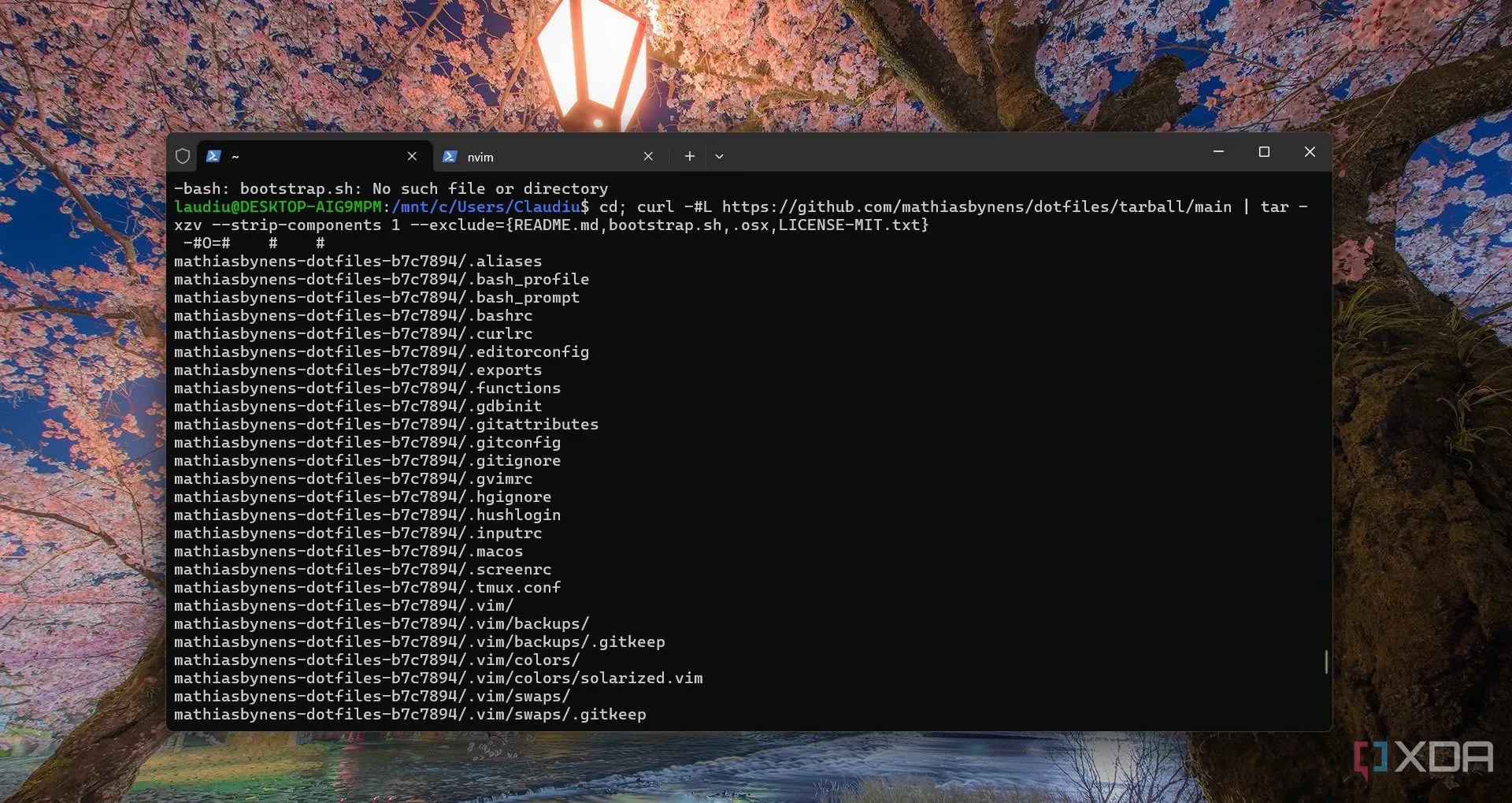 Cửa sổ dòng lệnh hiển thị quá trình cài đặt kho lưu trữ dotfiles từ GitHub bằng WSL (Windows Subsystem for Linux), thể hiện khả năng kiểm soát và tùy chỉnh hệ thống sâu.