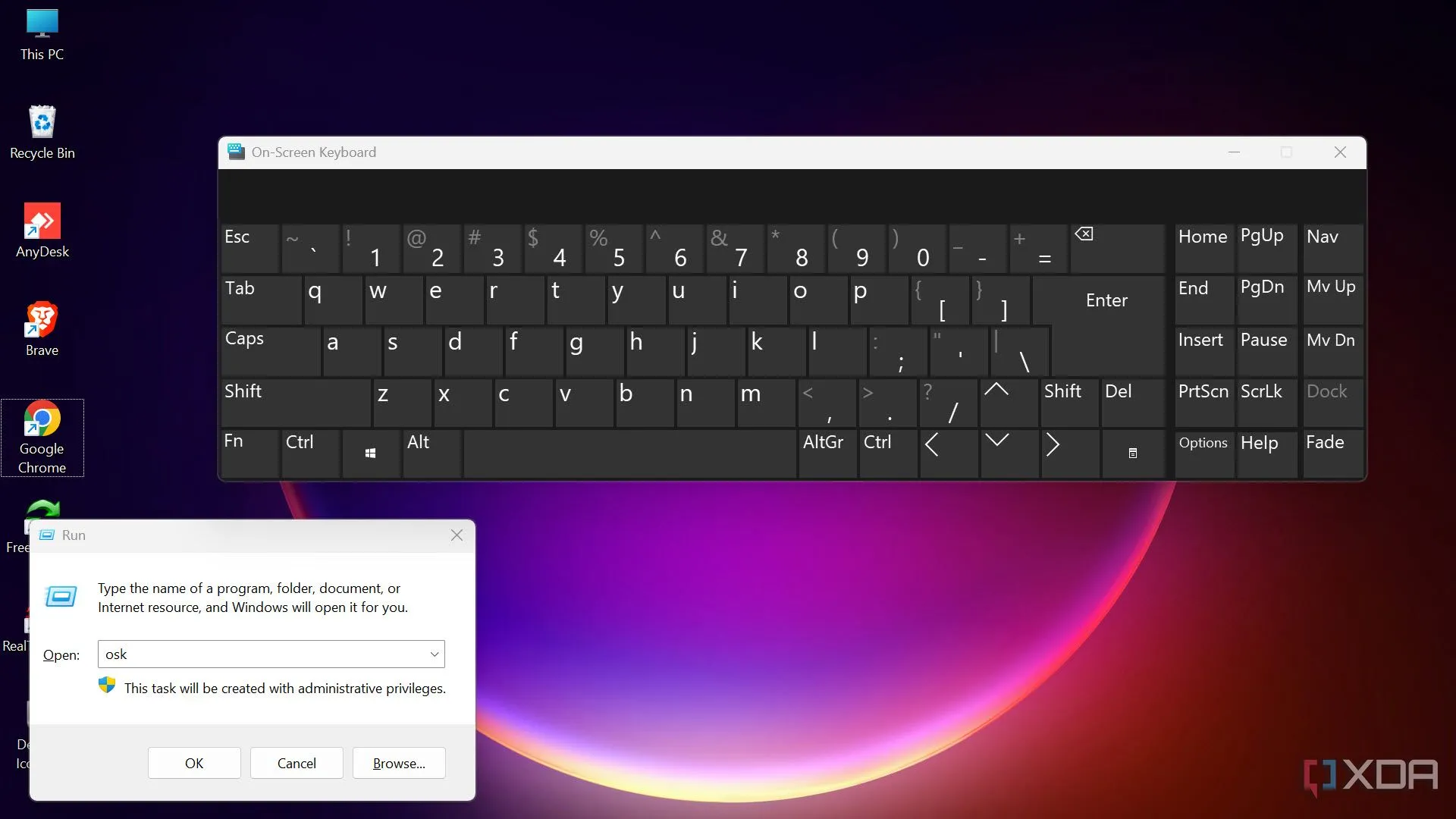 Cửa sổ lệnh Run đang được sử dụng để mở bàn phím ảo (On-Screen Keyboard) trên Windows 11, một công cụ hỗ trợ hữu ích.