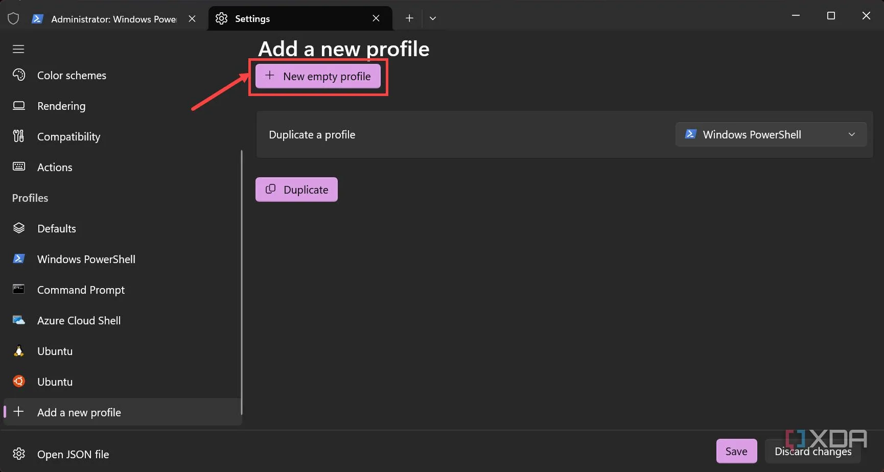 Cửa sổ &quot;New empty profile&quot; trong Windows Terminal, cho phép người dùng cấu hình chi tiết hồ sơ dòng lệnh mới.