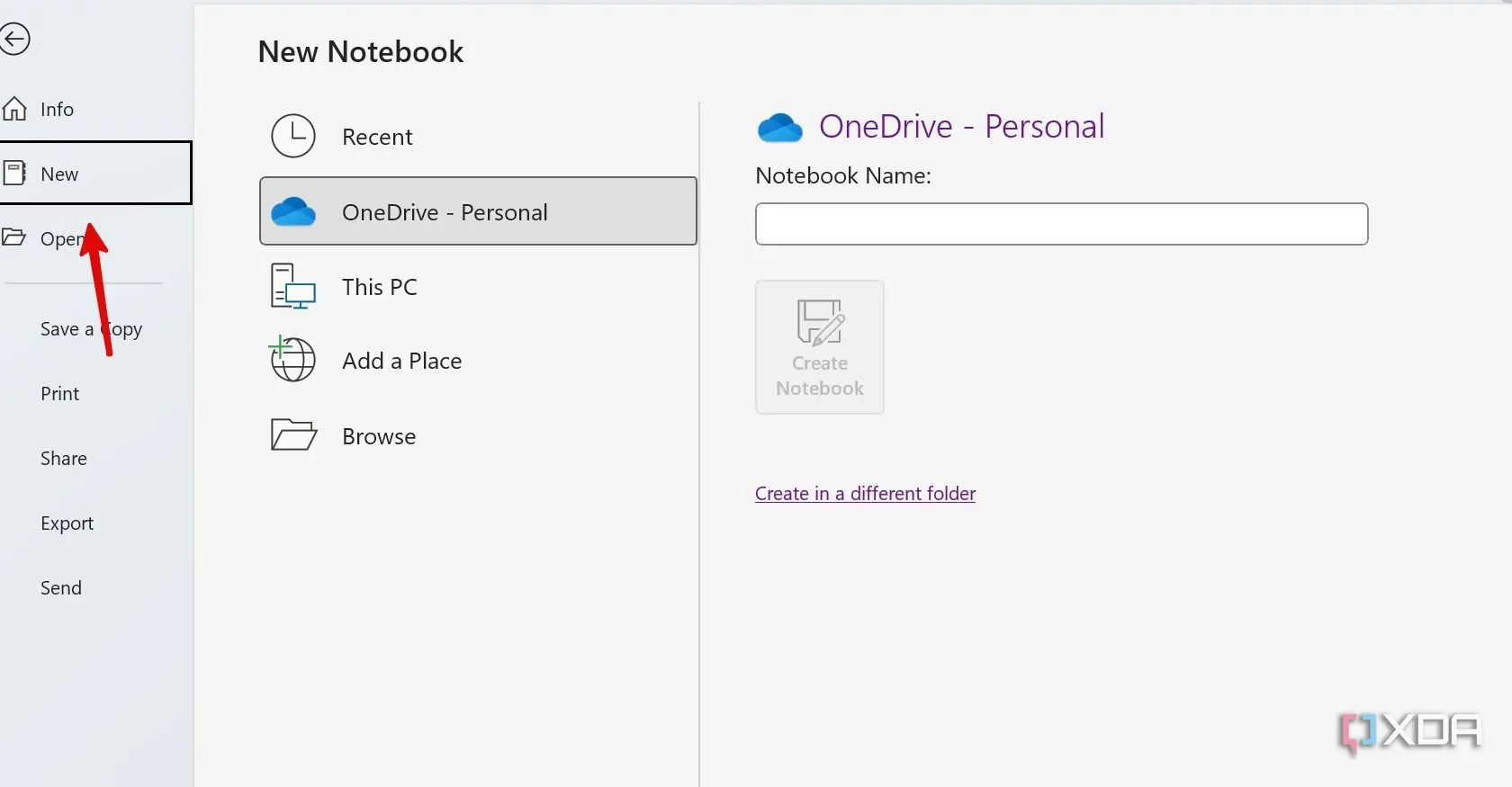 Cửa sổ 'New Notebook' trong OneNote, cho phép người dùng chọn vị trí và đặt tên cho sổ tay số mới.