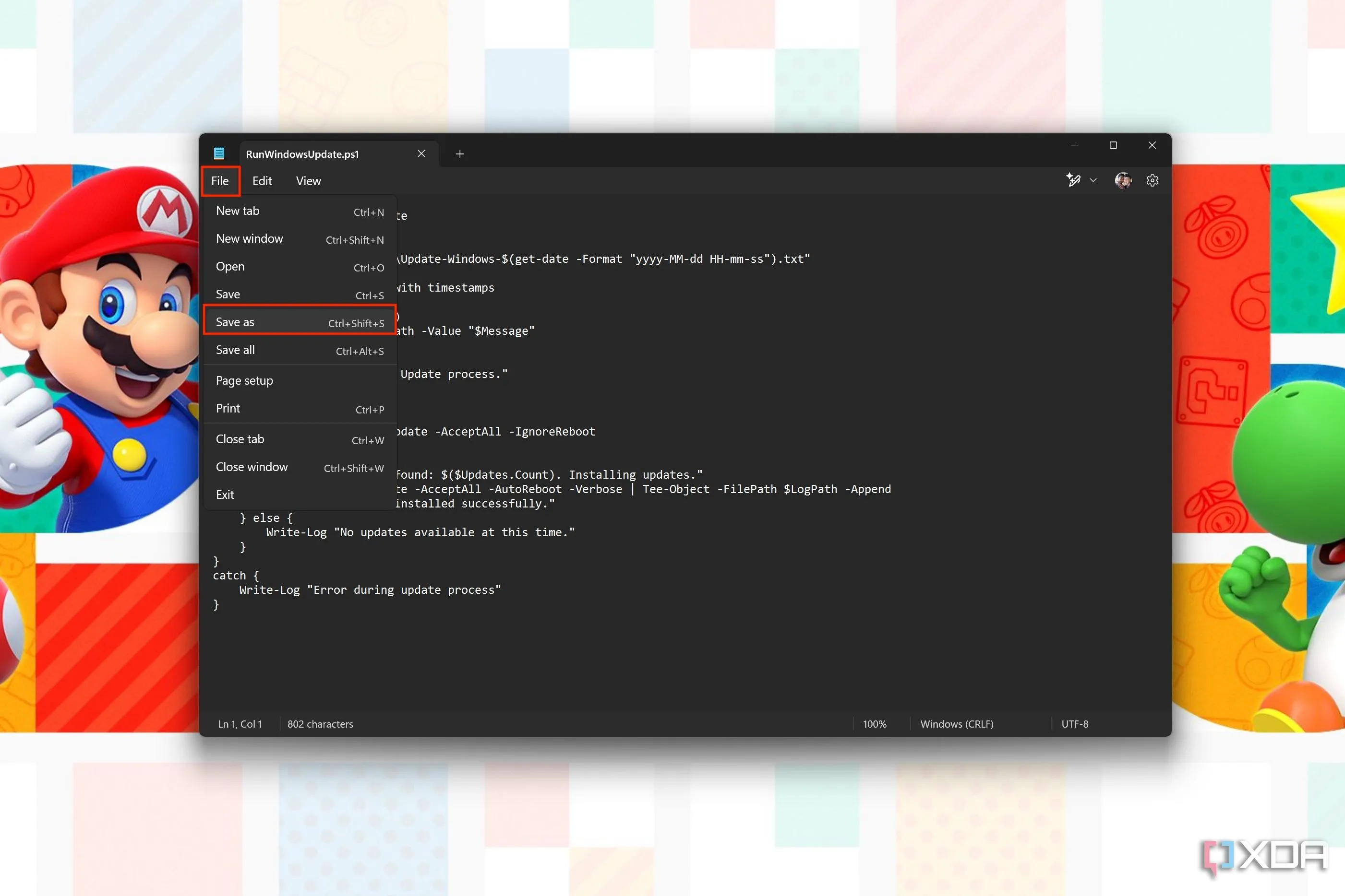 Cửa sổ Notepad với tập lệnh PowerShell và menu File được mở, tùy chọn Save as được đánh dấu