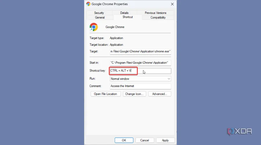 Cửa sổ Properties của Google Chrome, mục Shortcut tab, hiển thị tùy chọn tạo phím tắt tùy chỉnh