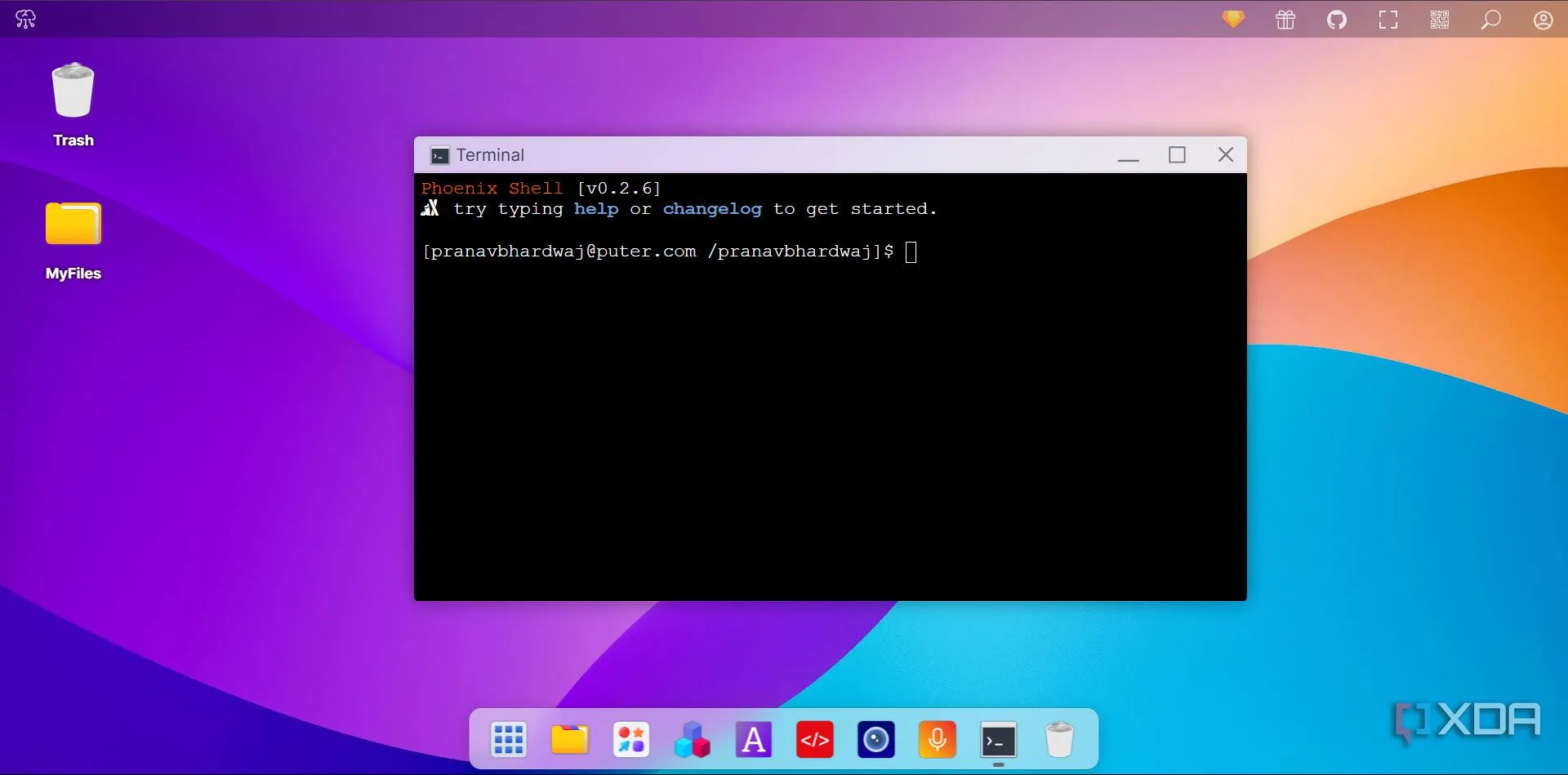 Cửa sổ Terminal của Puter OS hiển thị các lệnh dòng lệnh cơ bản đang được thực thi, phục vụ công việc phát triển