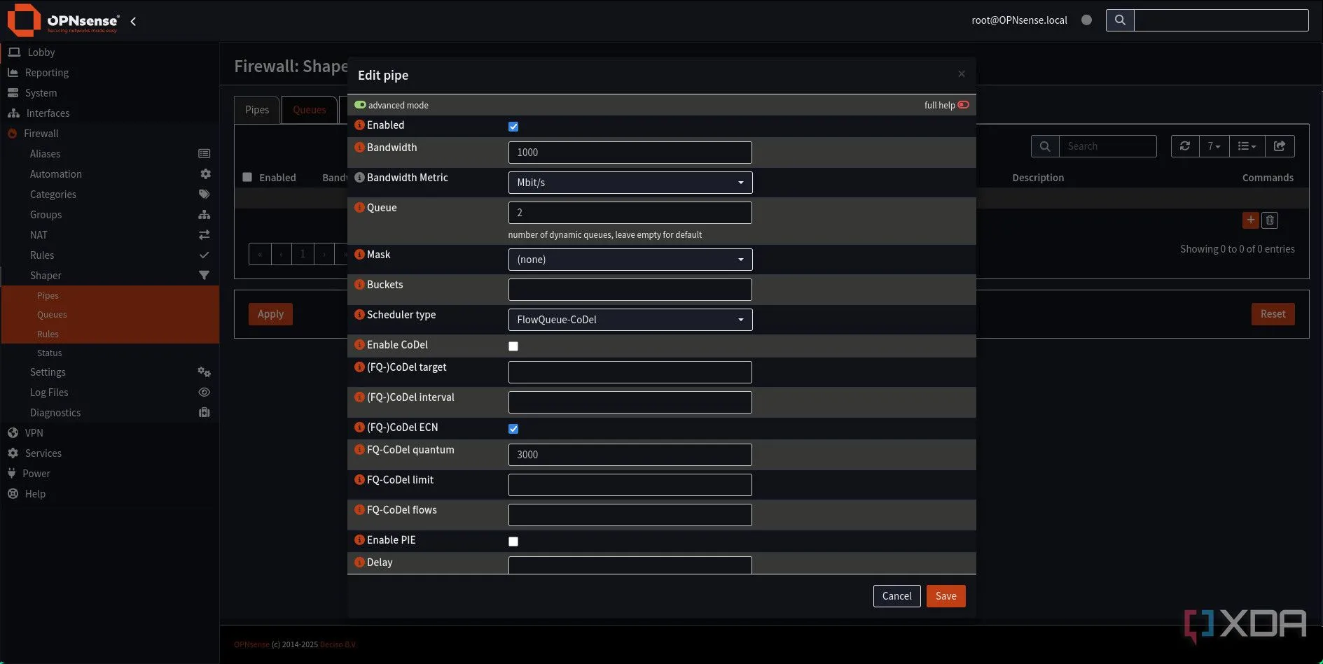 Cửa sổ thêm mới Pipe trong OPNsense, cấu hình băng thông download và Scheduler type FlowQueue-CoDel