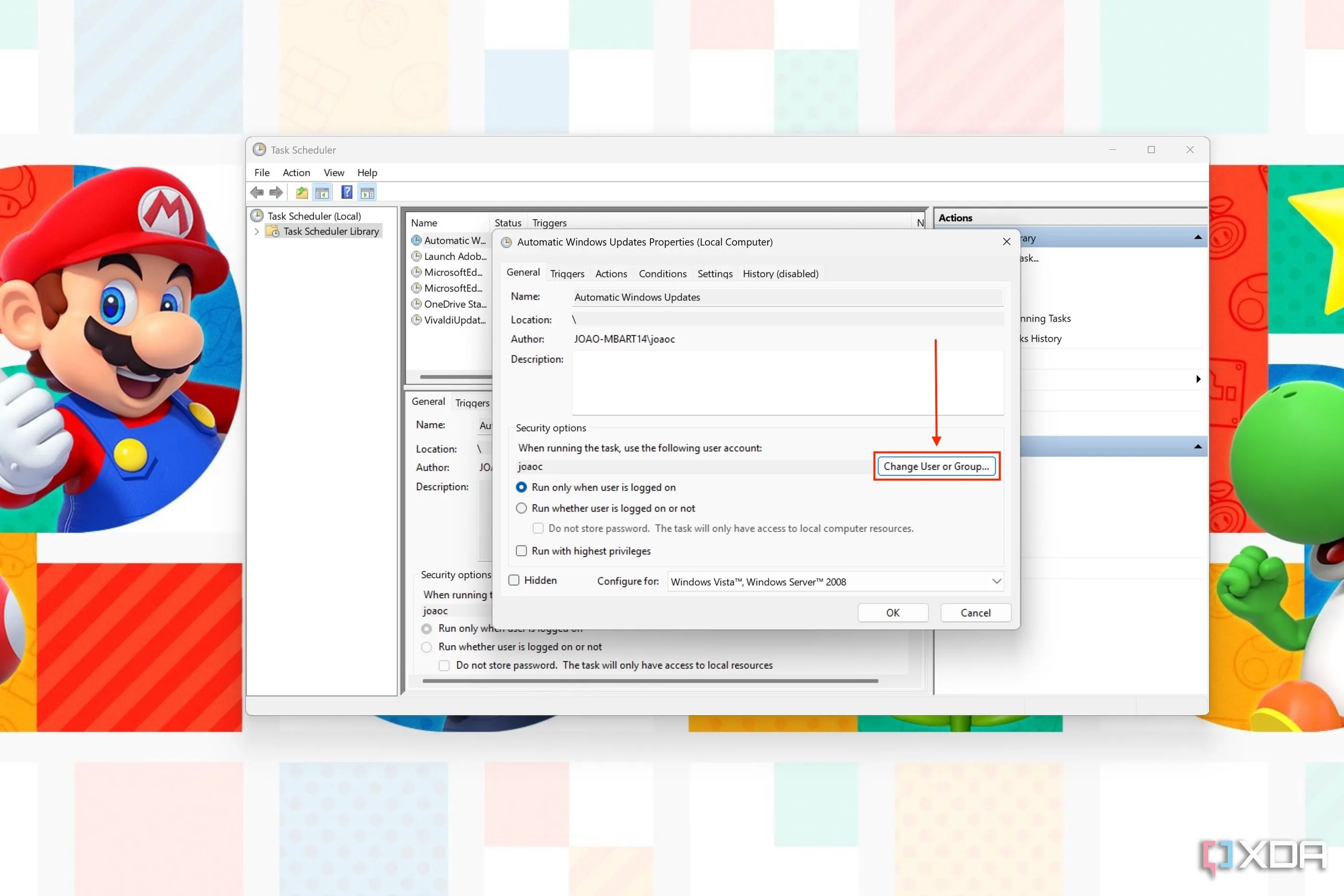 Cửa sổ thuộc tính tác vụ trong Task Scheduler, với tùy chọn &quot;Change User or Group...&quot; được đánh dấu