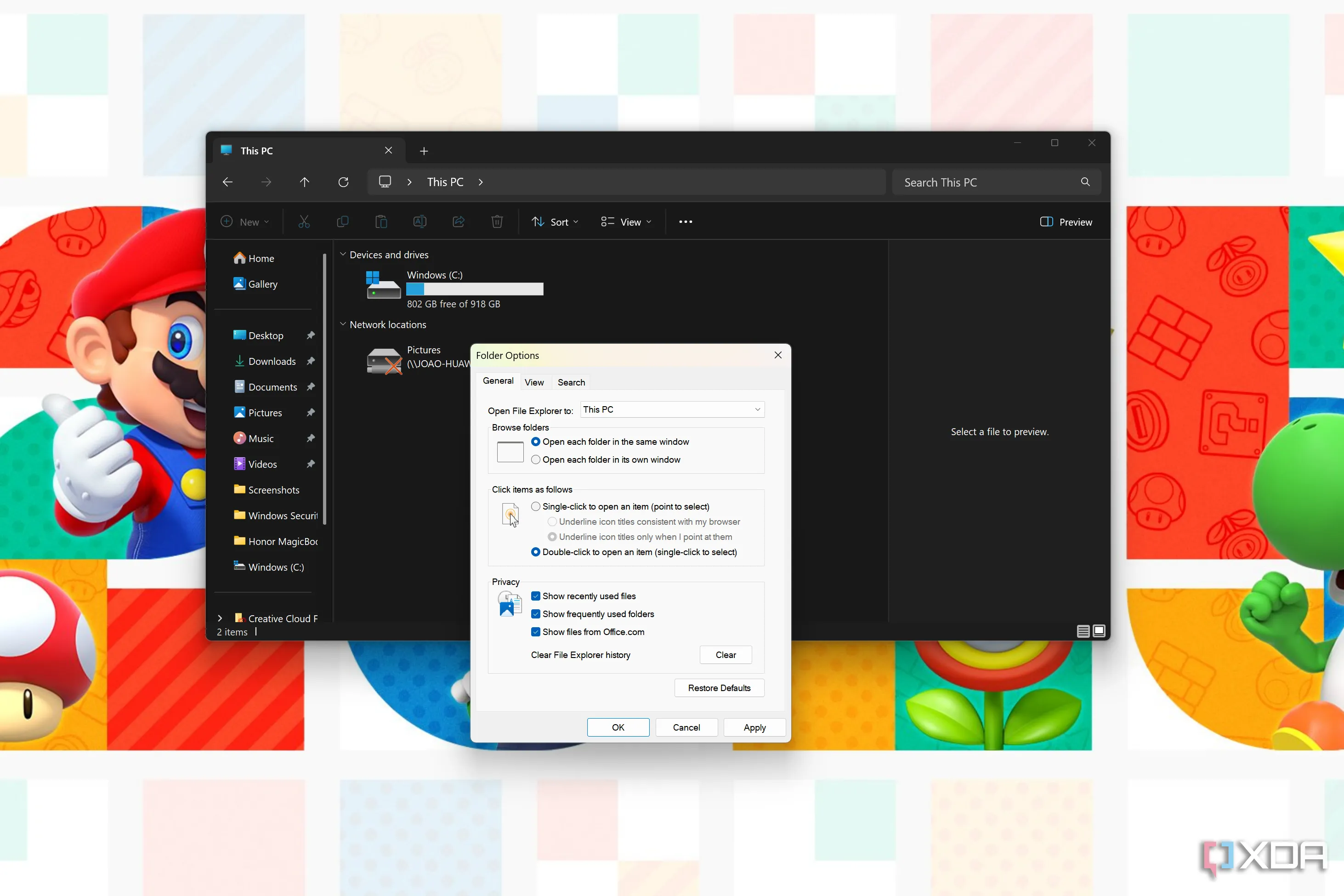 Cửa sổ tùy chọn File Explorer Windows 11 hiển thị tùy chọn thay đổi trang chủ mặc định