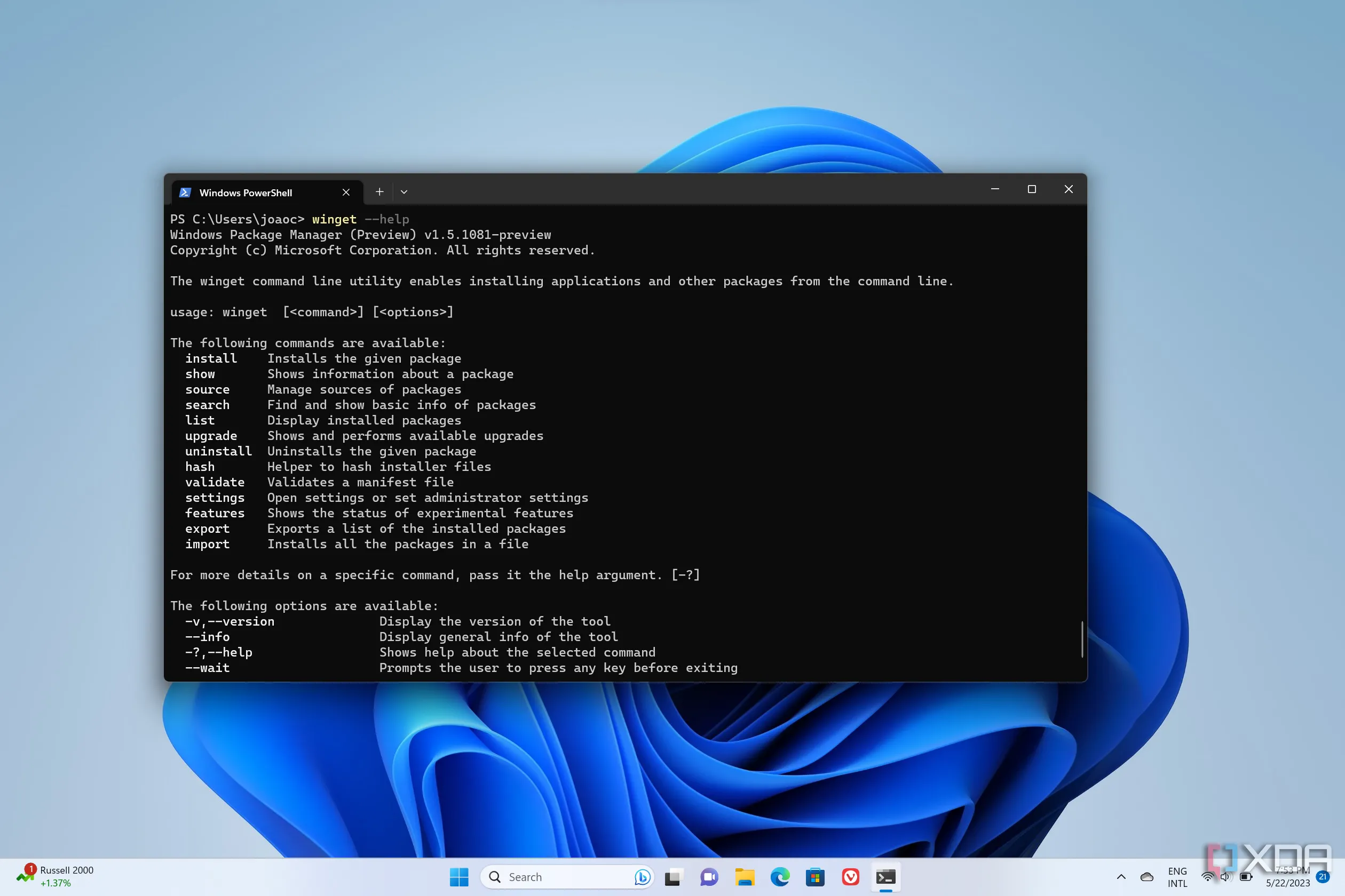 Cửa sổ Windows Terminal hiển thị các lệnh winget trong Windows Package Manager trên Windows 11, minh họa giao diện dòng lệnh