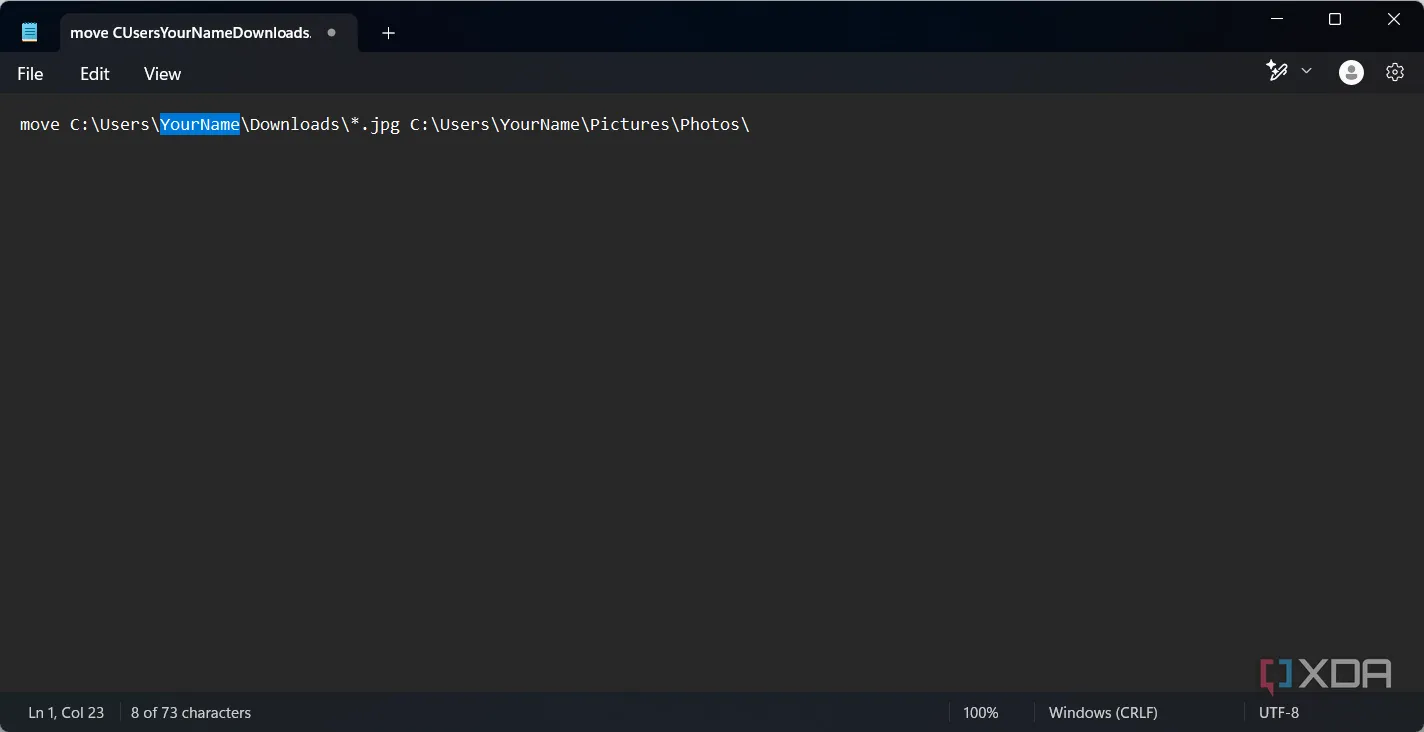 Dán lệnh di chuyển file JPG vào Notepad để tạo batch script tự động