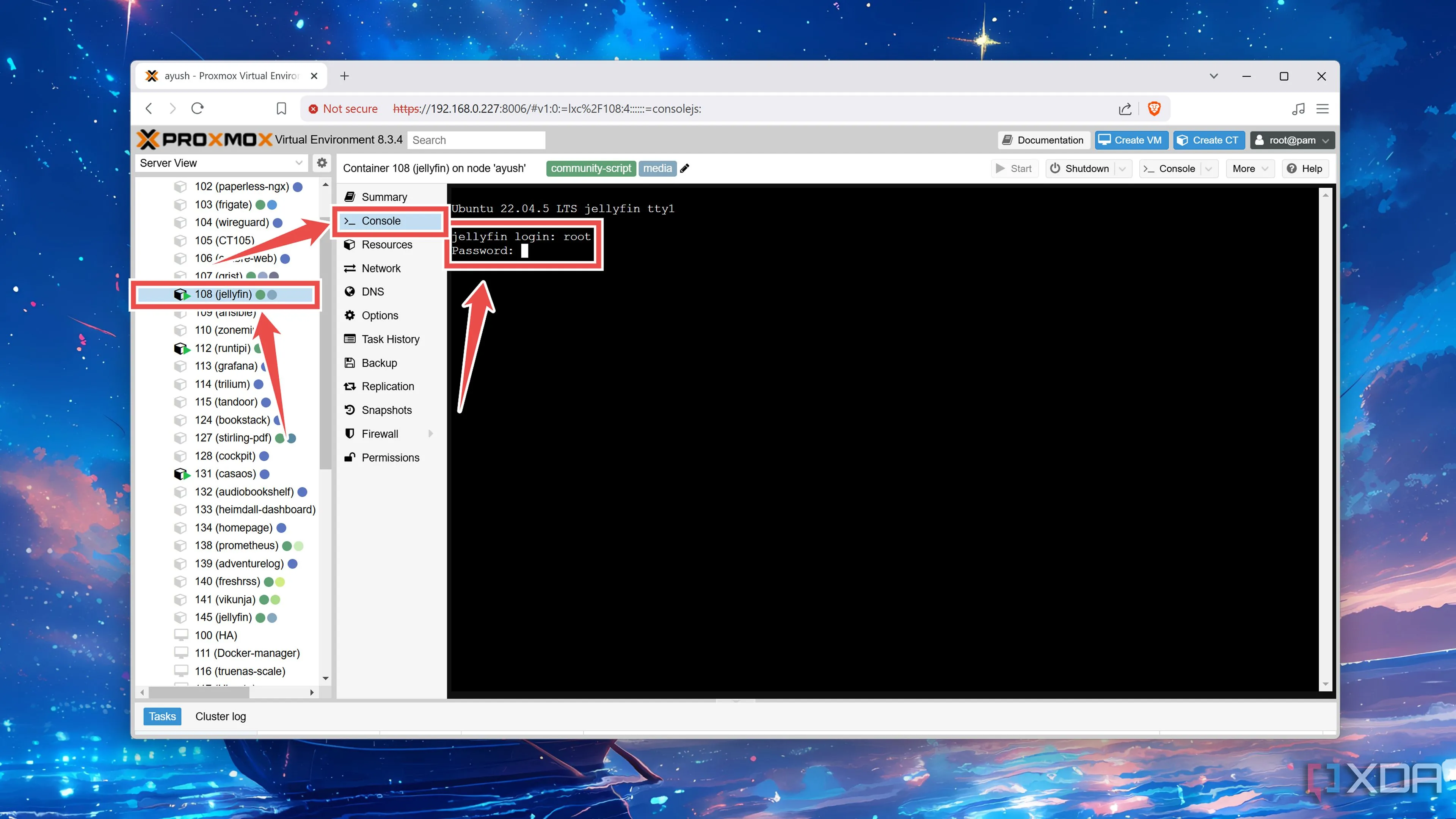 Đăng nhập vào console của container Jellyfin LXC bằng tài khoản root