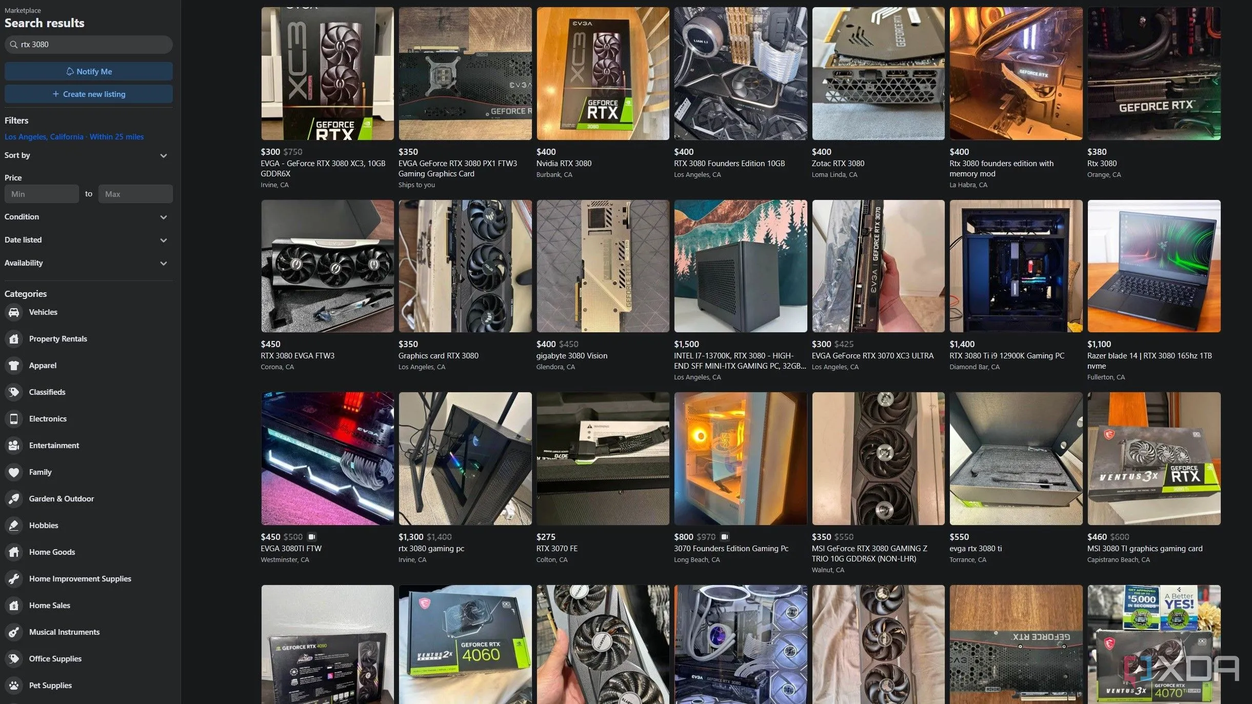 Danh sách bán card đồ họa RTX 3080 trên Facebook Marketplace, thể hiện rủi ro khi mua linh kiện PC cũ không bảo hành