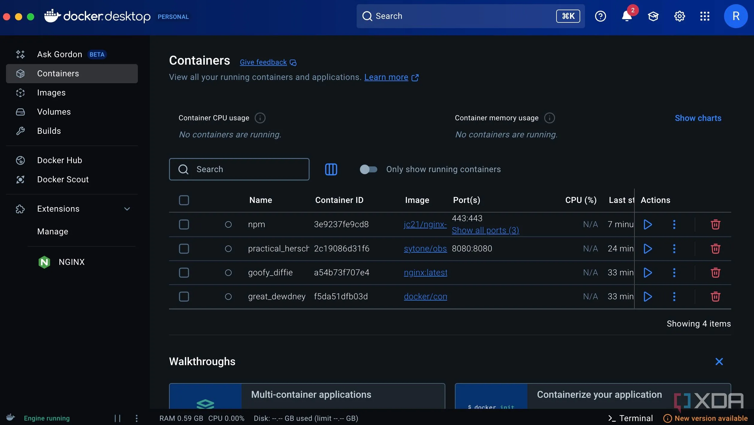 Danh sách các container đang chạy trên giao diện Docker Desktop, minh họa cài đặt Docker cho Obsidian