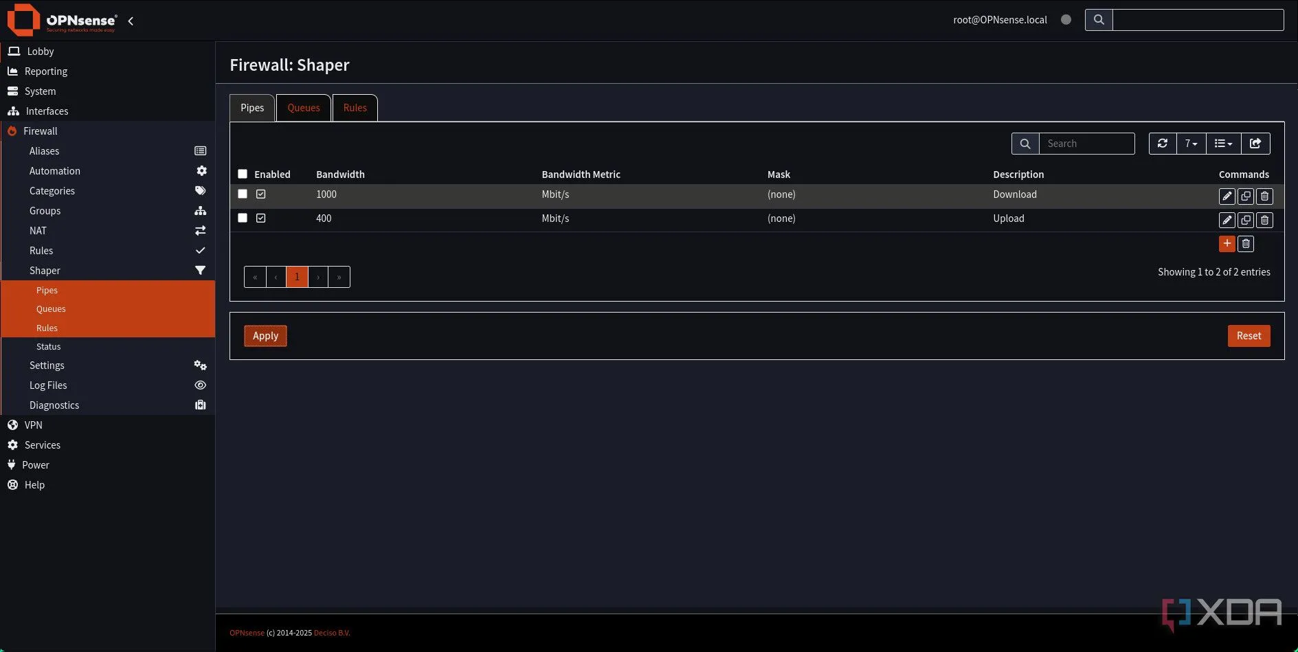 Danh sách các Pipe Download và Upload đã được cấu hình thành công trong OPNsense Traffic Shaper