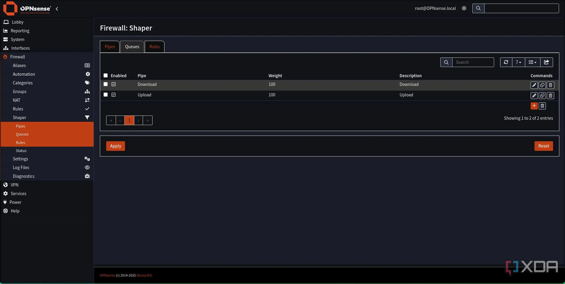 Danh sách các Queue Download và Upload đã được tạo trong OPNsense Traffic Shaper