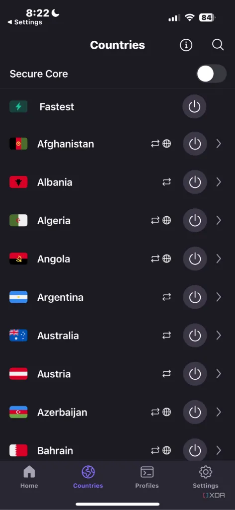 Danh sách các quốc gia máy chủ trên ứng dụng di động Proton VPN, dễ dàng lựa chọn