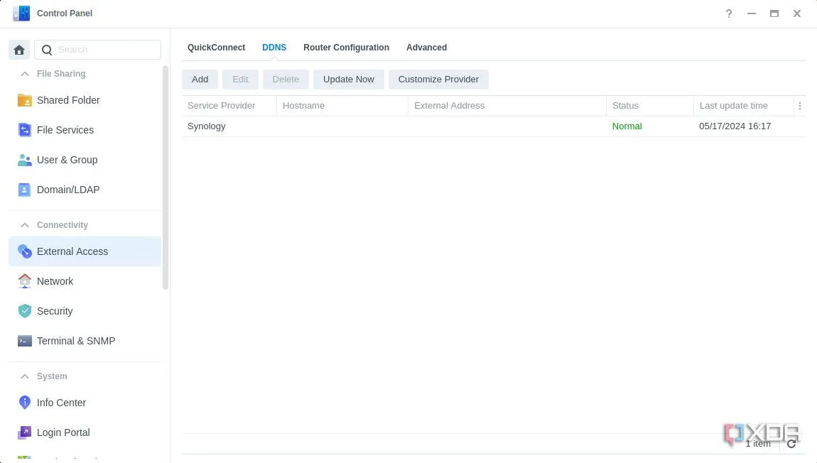 Danh sách DDNS trong Synology DSM 7, hiển thị các tùy chọn cấu hình truy cập từ xa