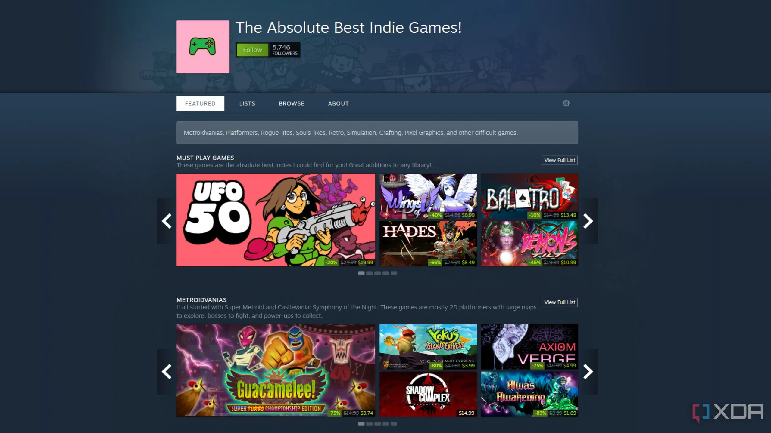 Danh sách phát game indie được tuyển chọn trên Steam, đại diện cho sự phát triển nhưng thiếu bản vật lý của game độc lập.