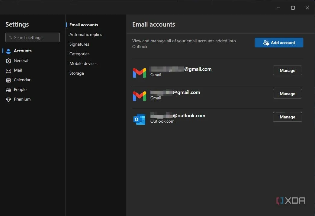 Danh sách tài khoản email trong Outlook và tùy chọn Quản lý