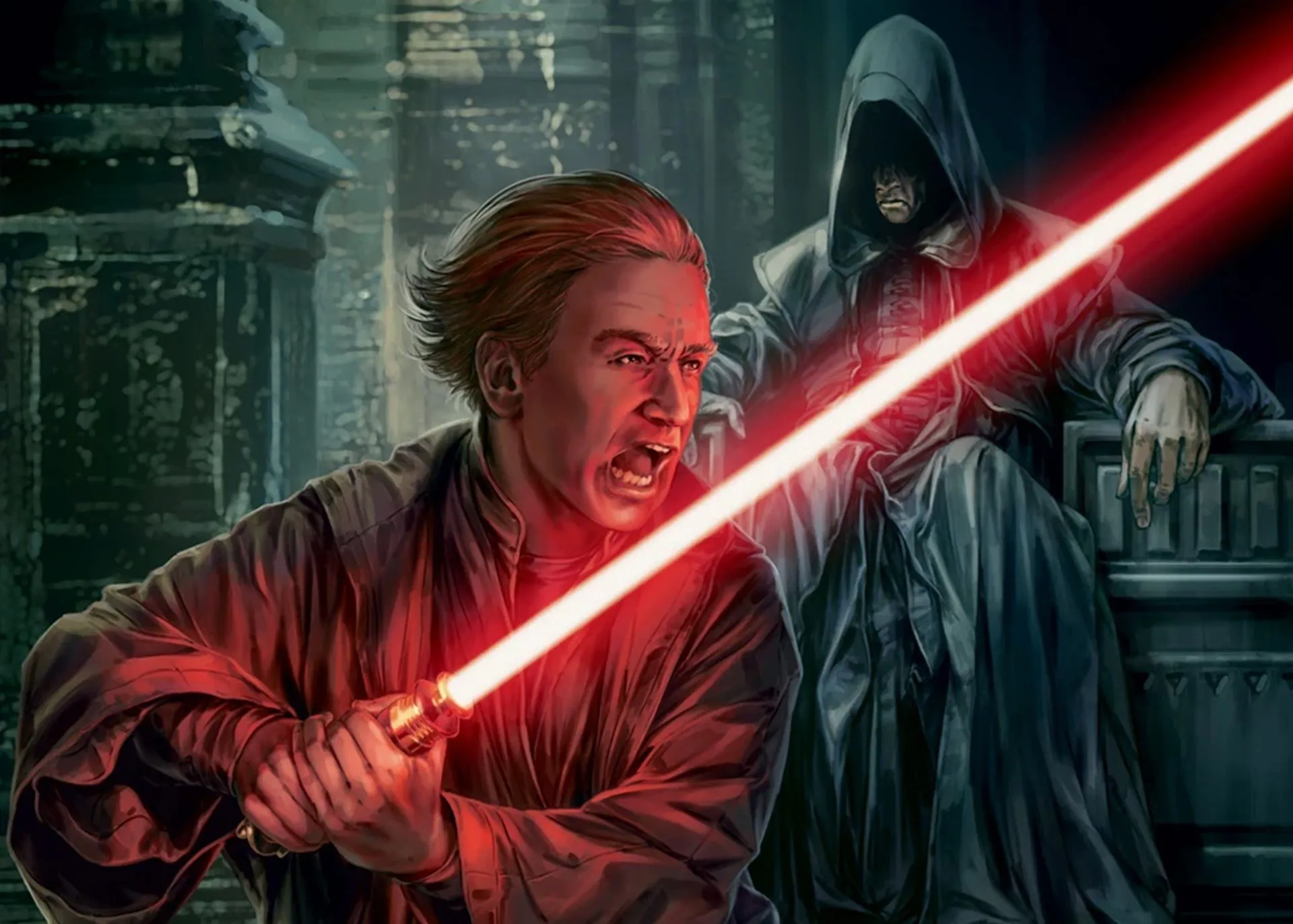 Darth Plagueis hướng dẫn Emperor Palpatine (Darth Sidious) trong nghệ thuật Thần Lực, minh họa mối quan hệ thầy trò quan trọng trong cốt truyện Star Wars Legends.