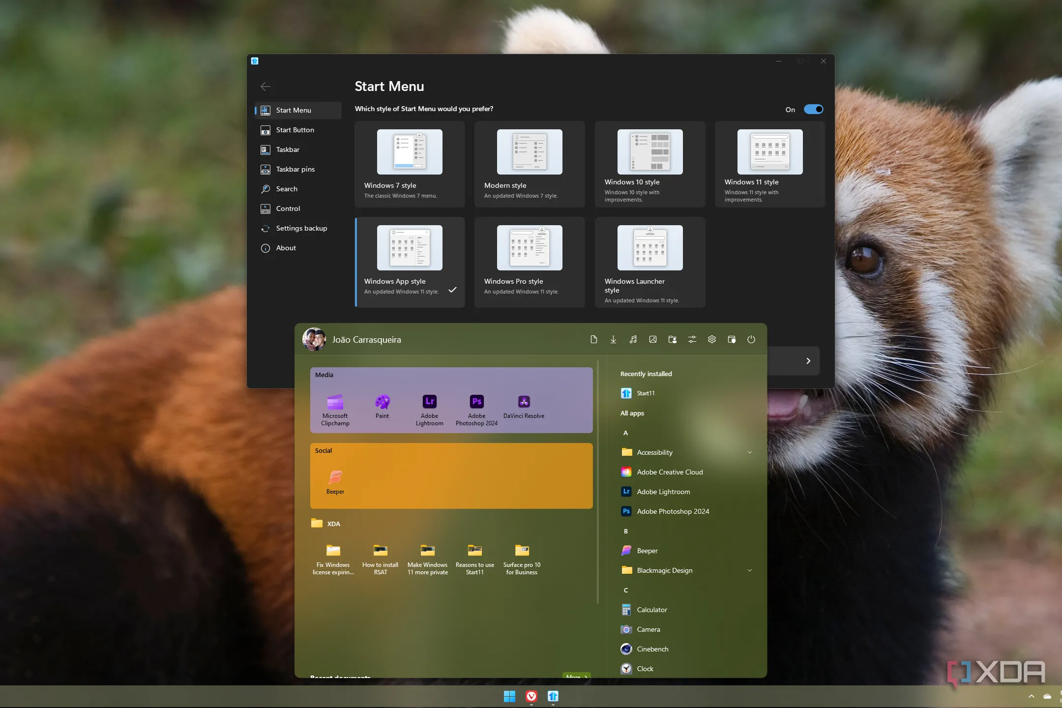 Desktop Windows 11 với Start Menu được tùy biến bằng Start11