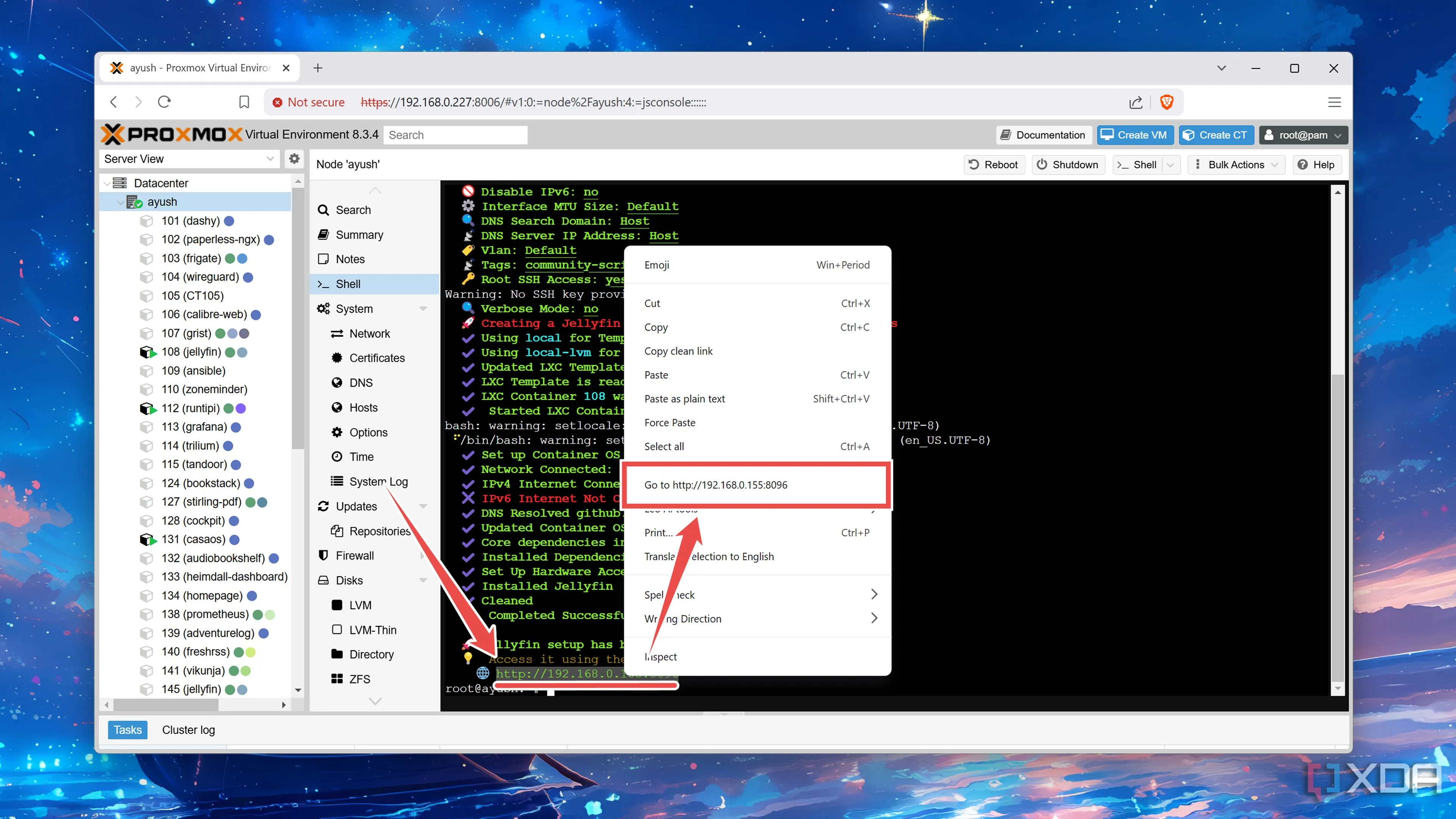Địa chỉ IP được cấp cho Jellyfin server sau khi triển khai LXC trên Proxmox để truy cập Web UI