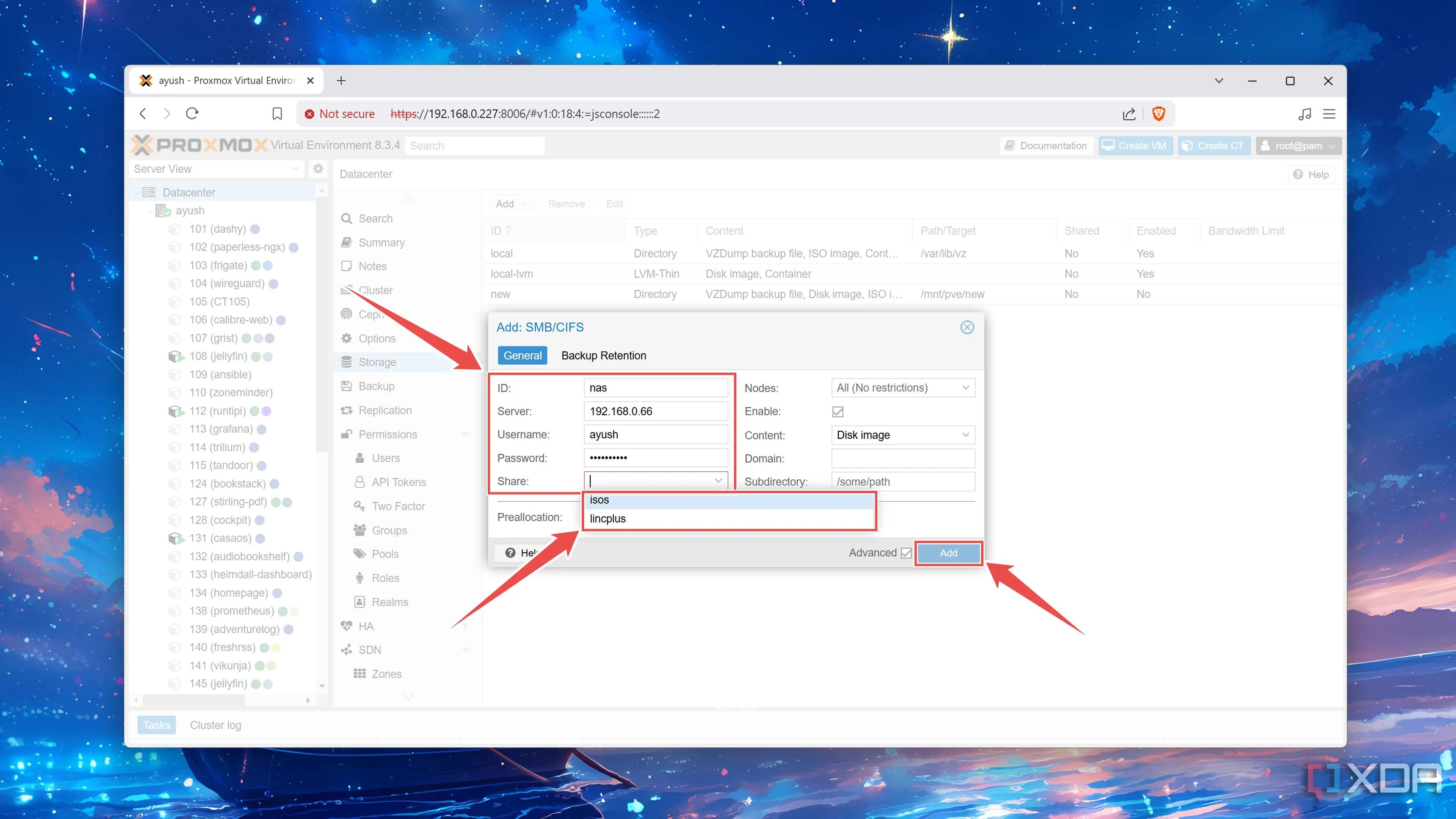 Điền thông tin cấu hình SMB/CIFS share bao gồm IP NAS, tên người dùng và mật khẩu trên Proxmox