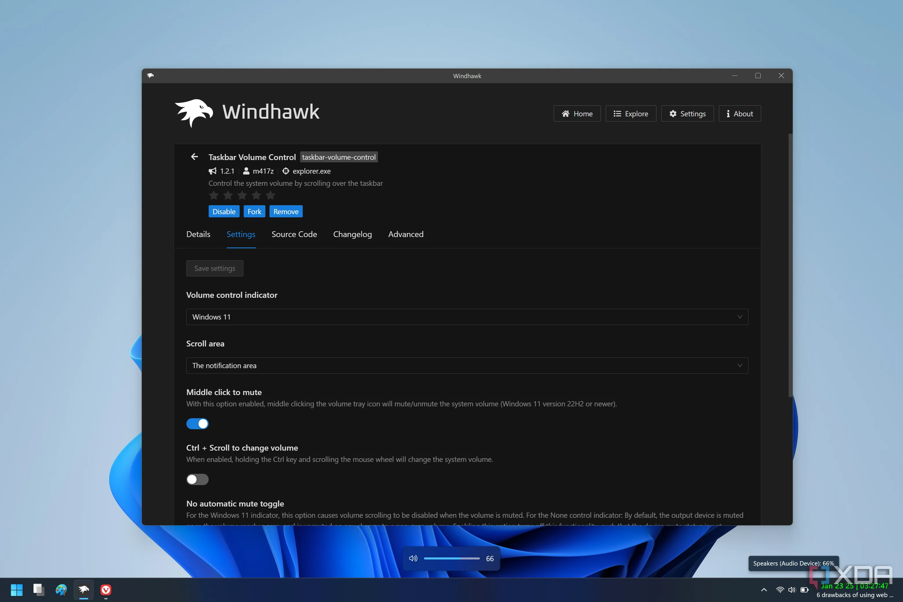 Điều chỉnh âm lượng Windows 11 bằng cách cuộn chuột trên thanh tác vụ với mod Windhawk