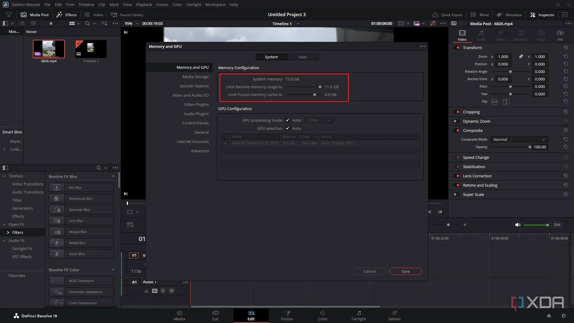 Điều chỉnh phân bổ bộ nhớ RAM cho DaVinci Resolve trong phần Memory and GPU Preferences.