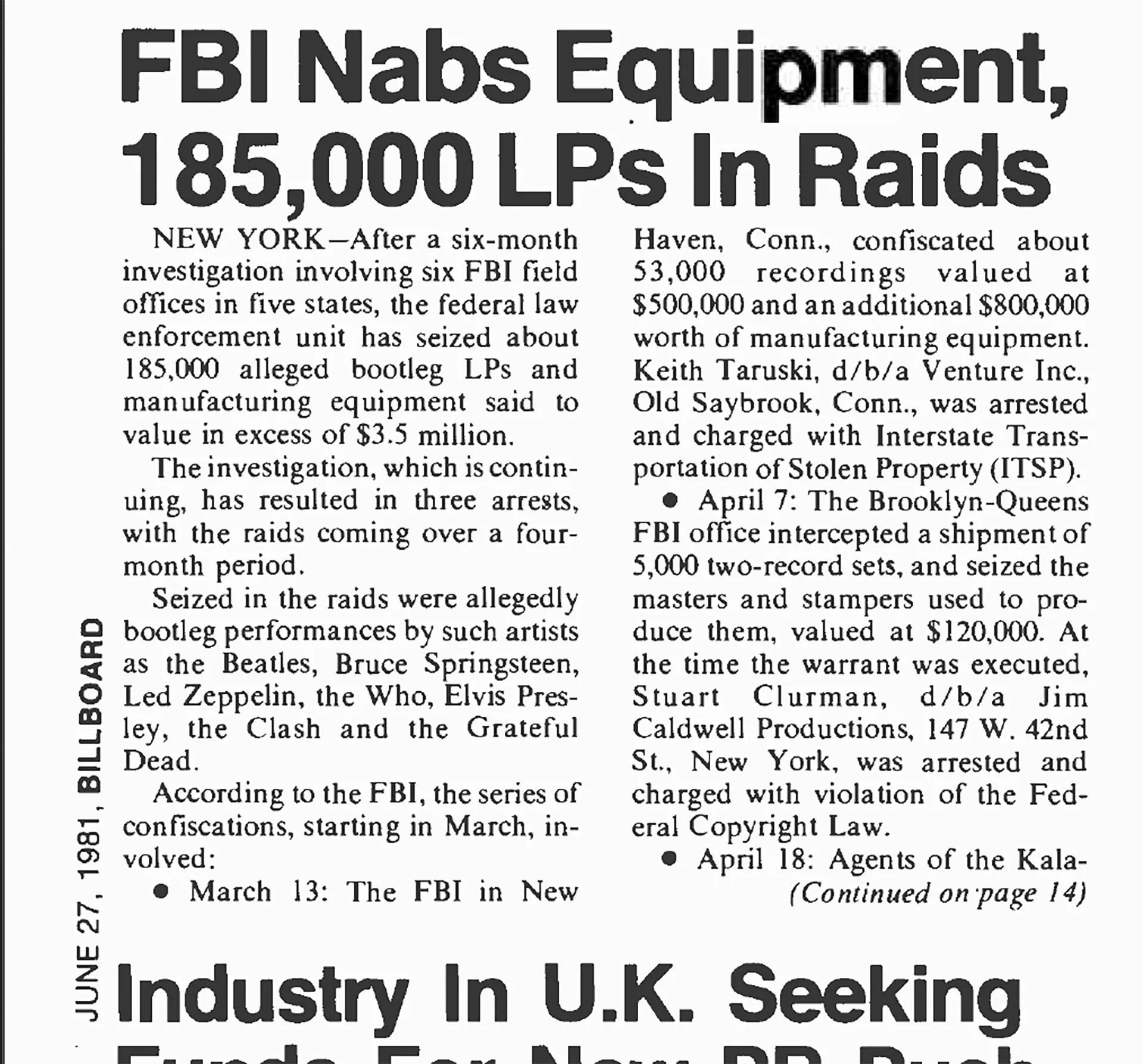 Đoạn cắt bài báo Billboard Magazine ngày 27 tháng 6 năm 1981, đề cập đến cuộc đột kích của FBI nhắm vào Keith Taruski khi ông điều hành Venture Inc.