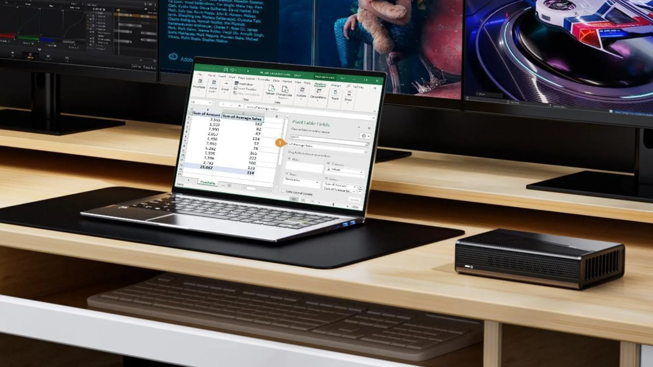 Docking station eGPU GMKtec AD-GP1 kết nối với laptop, hiển thị các cổng giao tiếp
