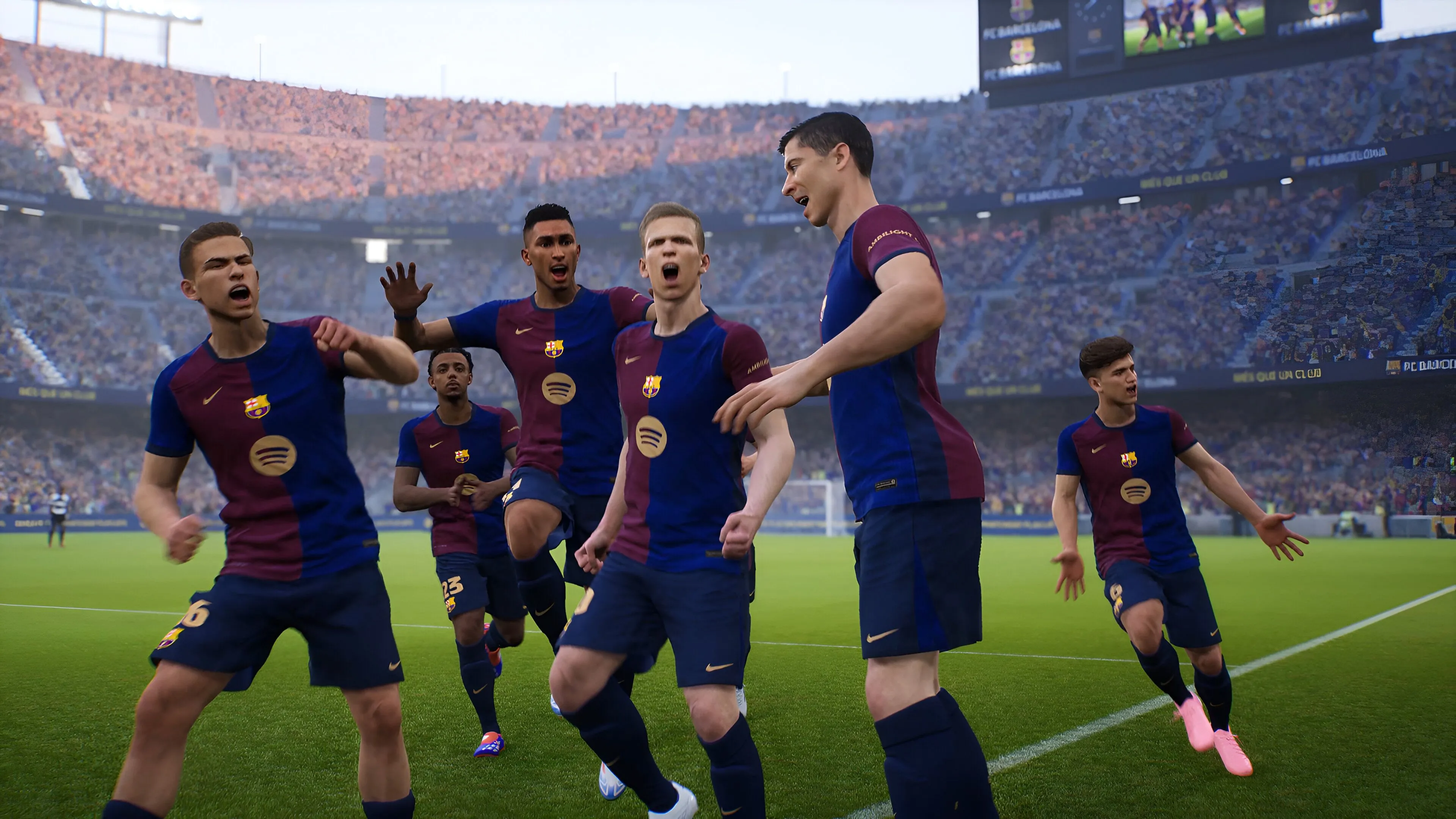 Đội bóng Barcelona đang ăn mừng trong game eFootball, tựa game bóng đá miễn phí của Konami từng được mong đợi nhưng bị chê bai về đồ họa.