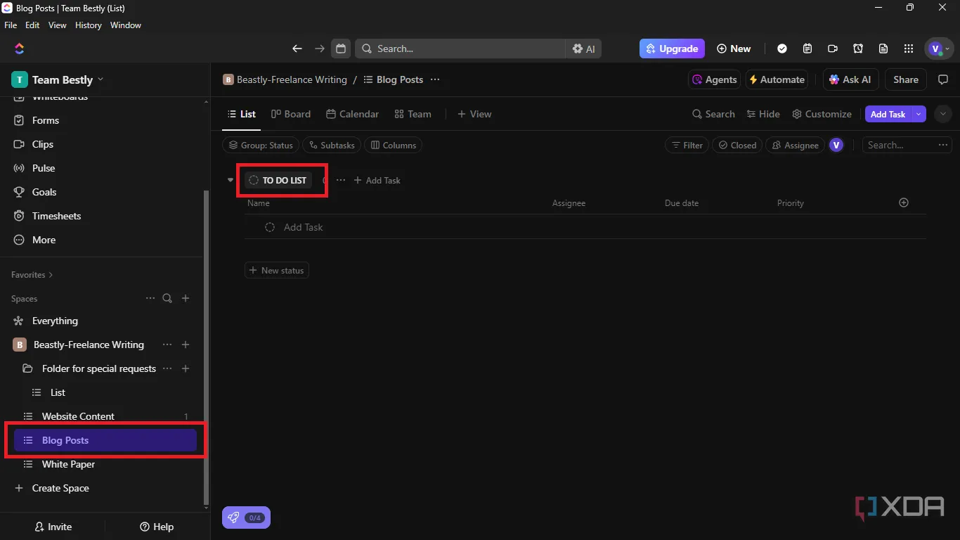 Đổi tên trạng thái &quot;Open&quot; mặc định thành &quot;To Do List&quot; để phân loại nhiệm vụ rõ ràng hơn trong ClickUp.