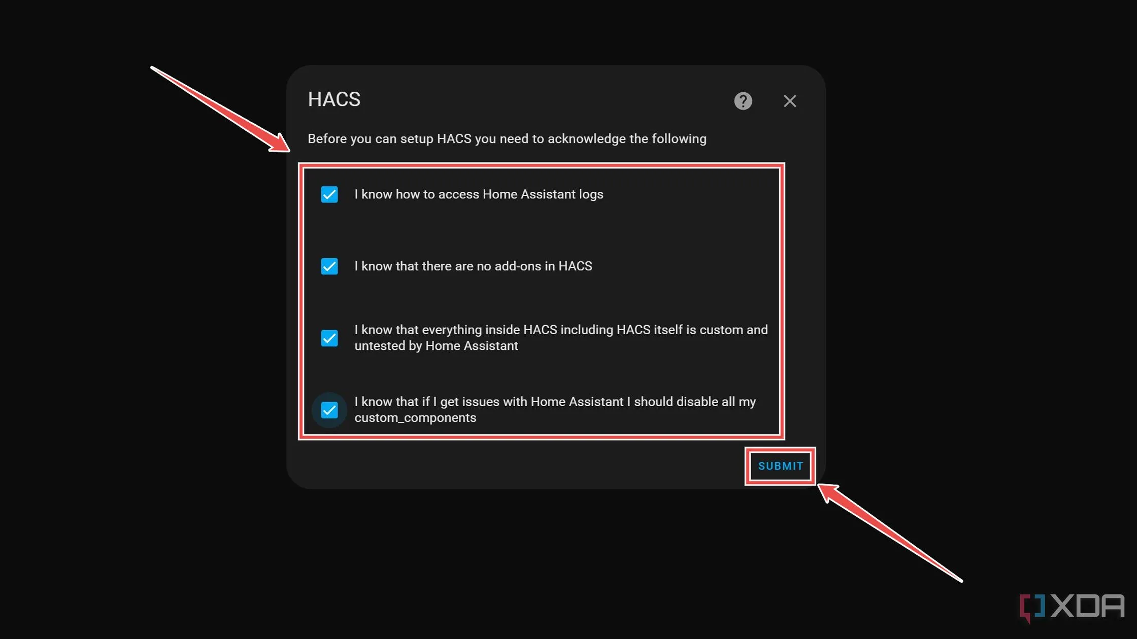 Đồng ý với các điều khoản và xác nhận cài đặt HACS trong Home Assistant bằng cách bật các tùy chọn và nhấn Submit
