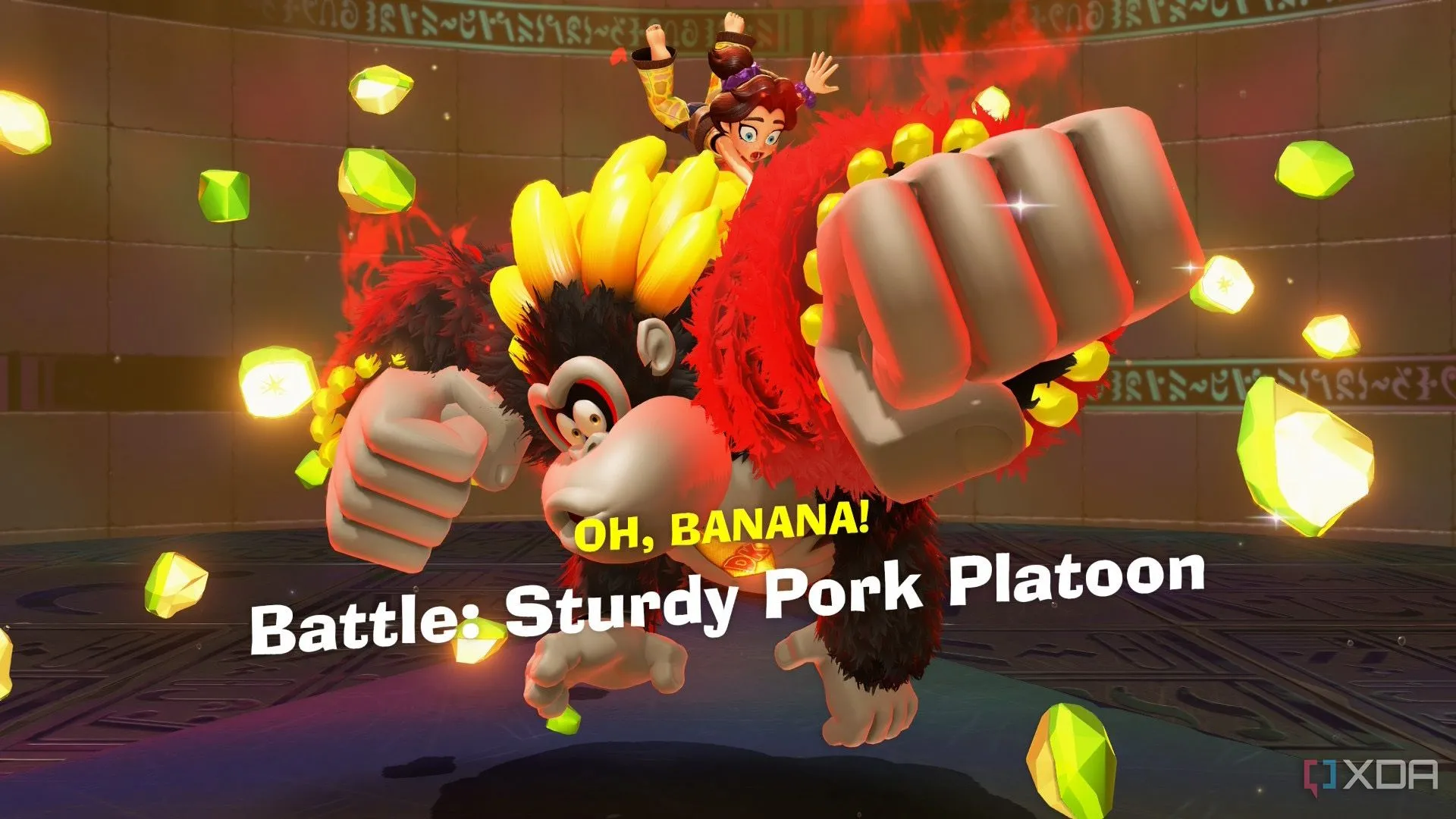 Donkey Kong ở dạng Bananza mạnh mẽ, tìm thấy viên ngọc Banandium quý giá trong một hang động của Donkey Kong Bananza.