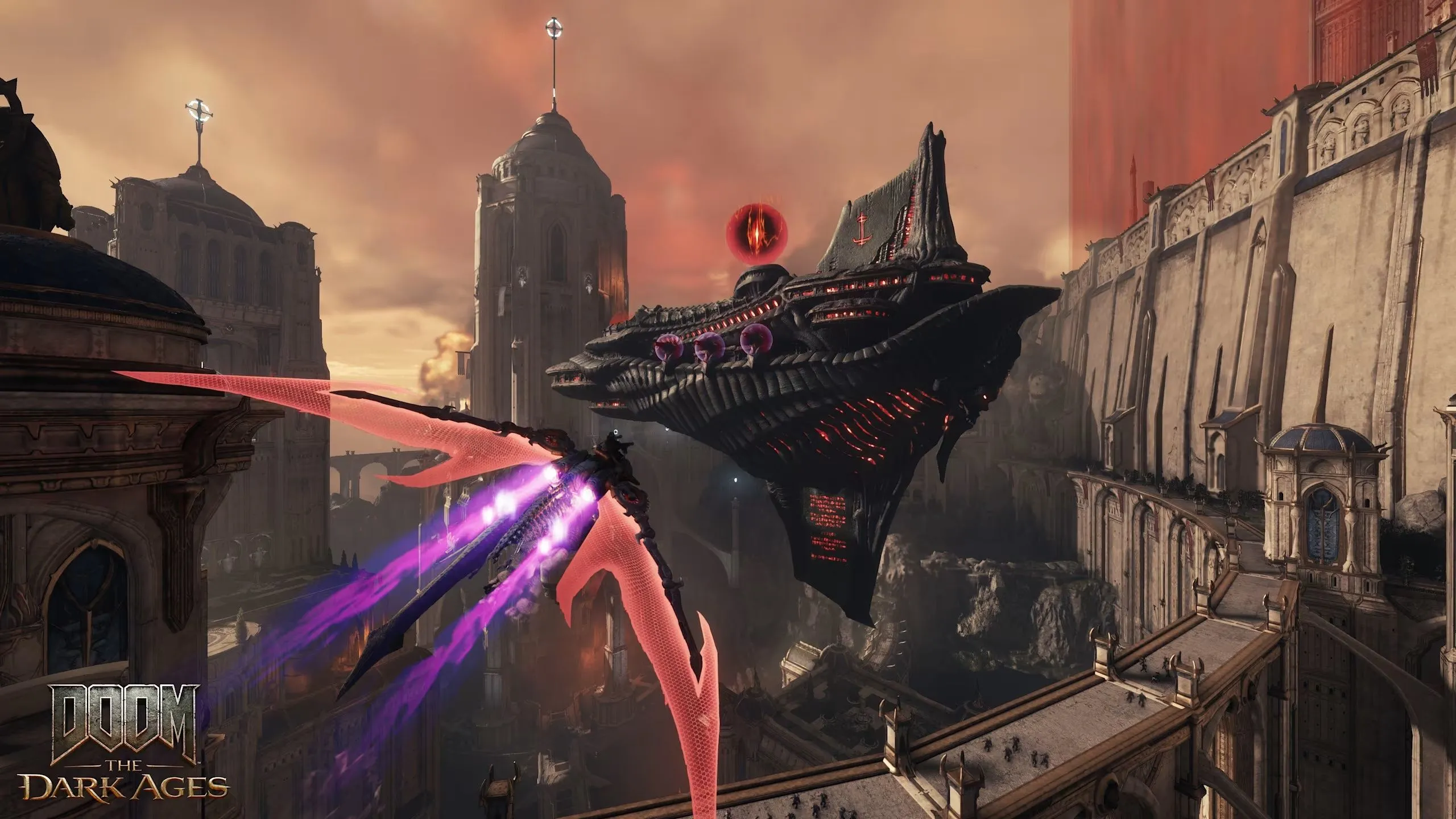 Doom Slayer bay trên một con rồng với đôi cánh đỏ rực lửa, truy đuổi một con tàu ma quỷ trên không trung.