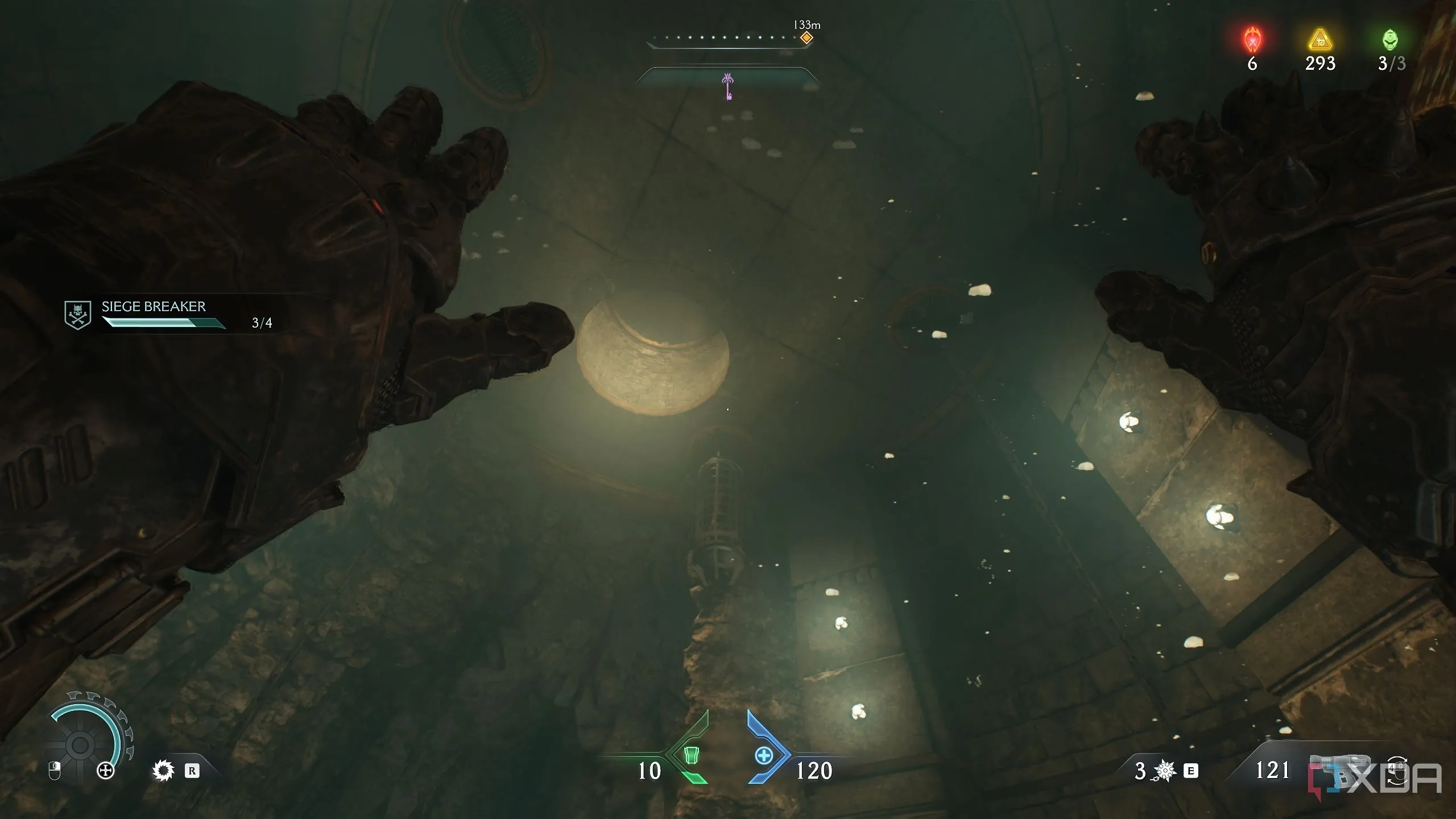 Doom Slayer bơi dưới nước qua một cái lỗ trên trần để đến khu vực bí mật 9 trong Doom The Dark Ages