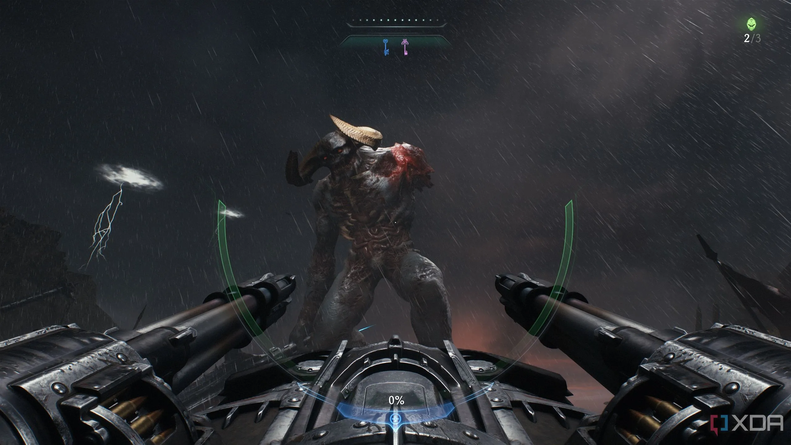 Doom Slayer điều khiển một khẩu pháo hạng nặng, bắn vào một con quỷ titan khổng lồ trong Doom: The Dark Ages.