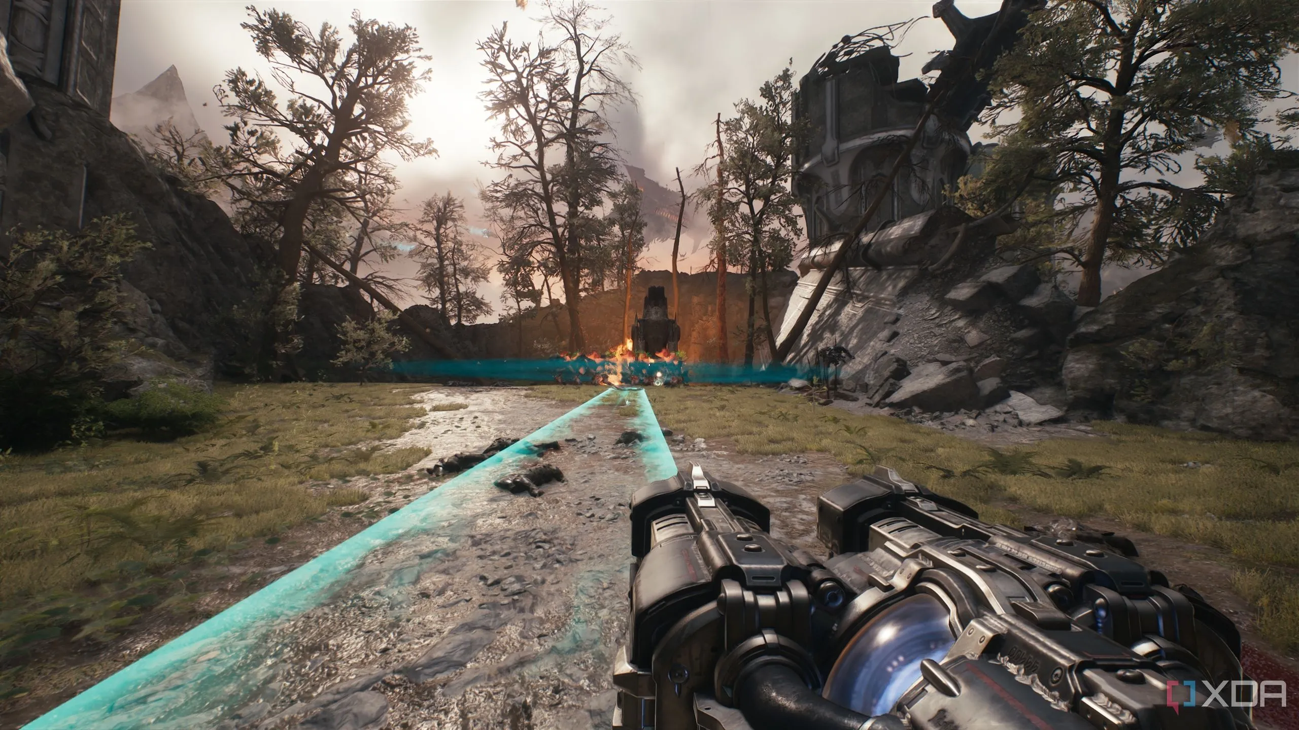 Doom Slayer ném khiên về phía khẩu pháo binh trong Doom The Dark Ages
