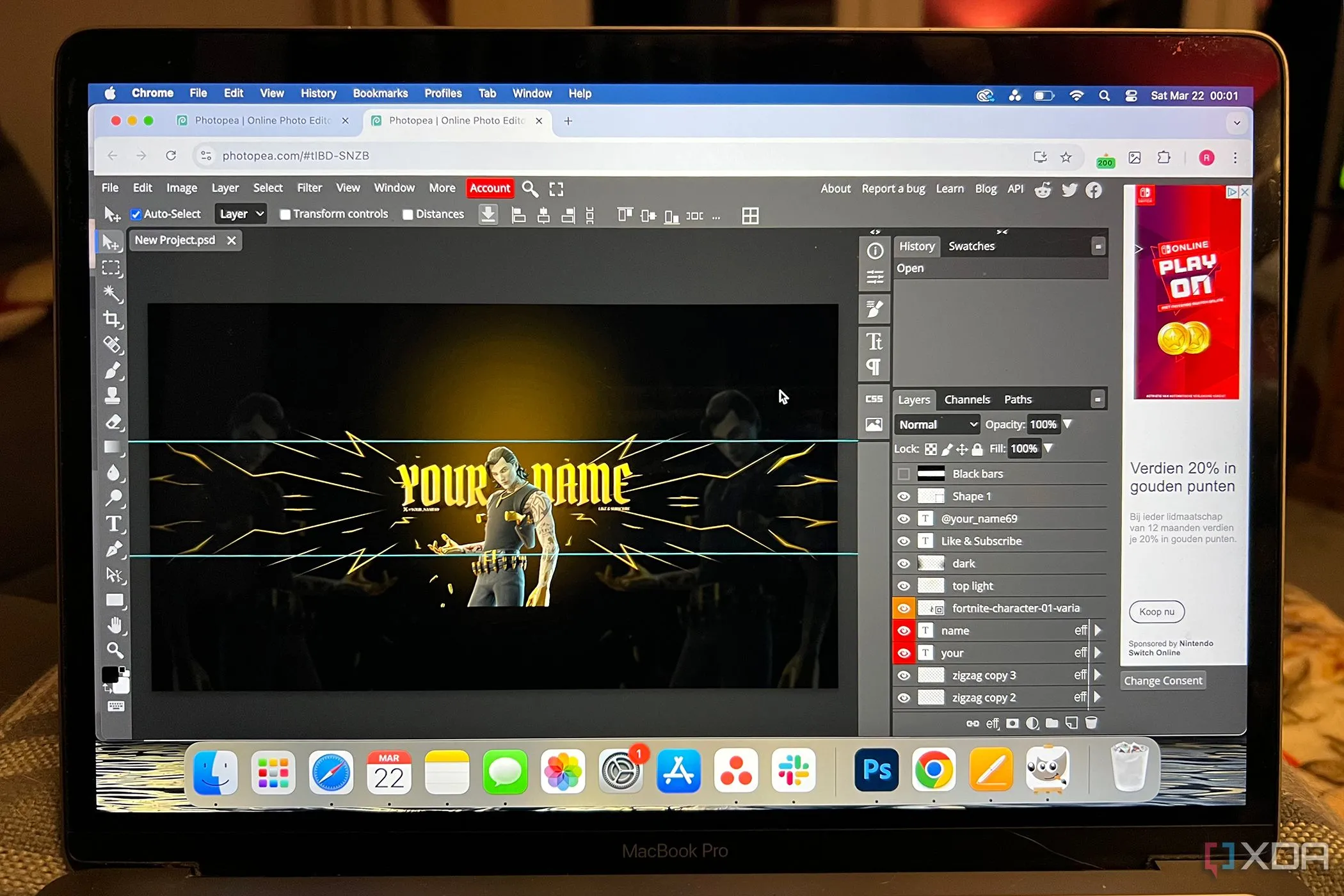 Dự án thiết kế đang mở trên Photopea trên một chiếc MacBook, minh họa giao diện quen thuộc giống Photoshop