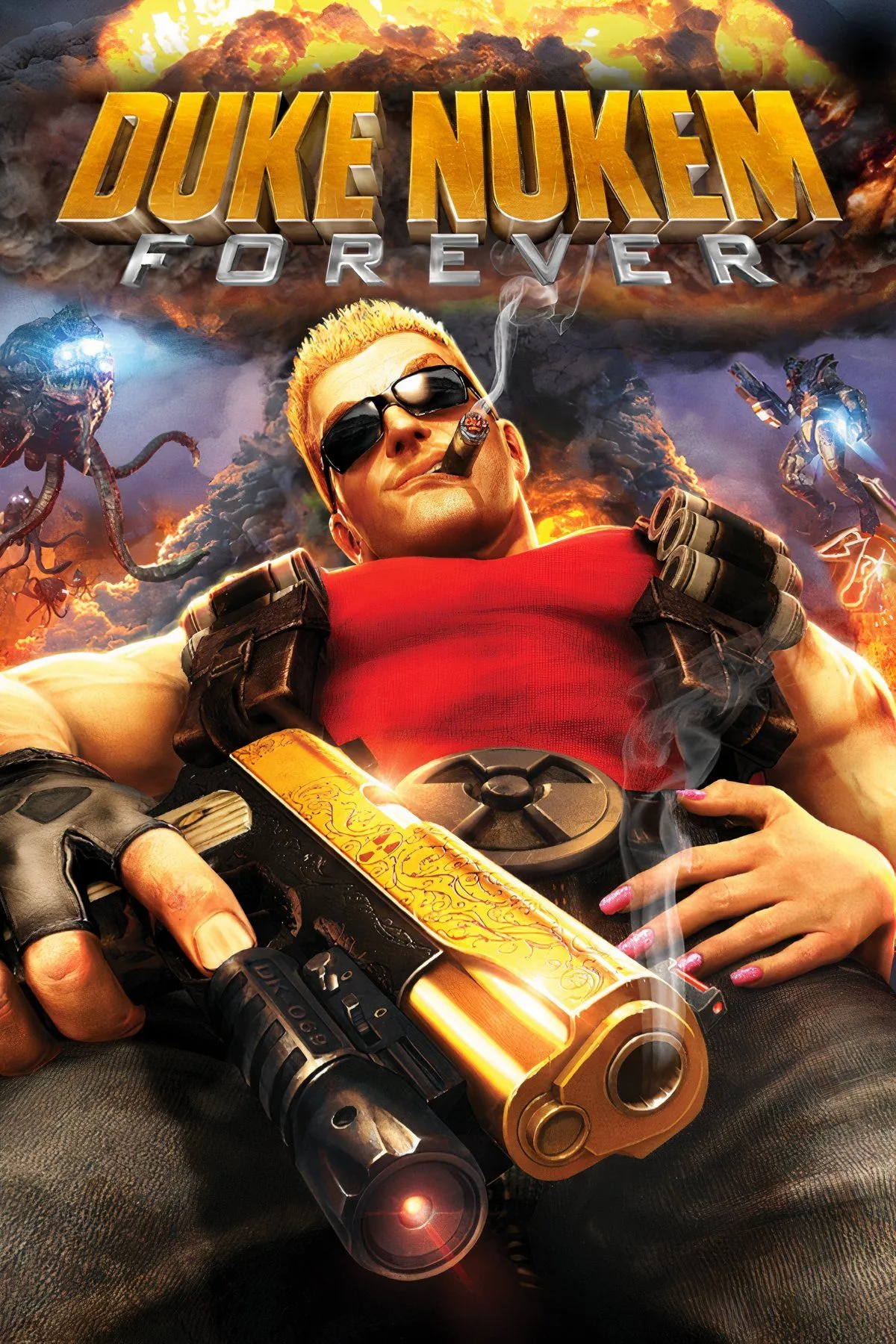 Duke Nukem trong trang phục đặc trưng, cầm vũ khí và đối mặt với lũ quái vật ngoài hành tinh trong game Duke Nukem Forever