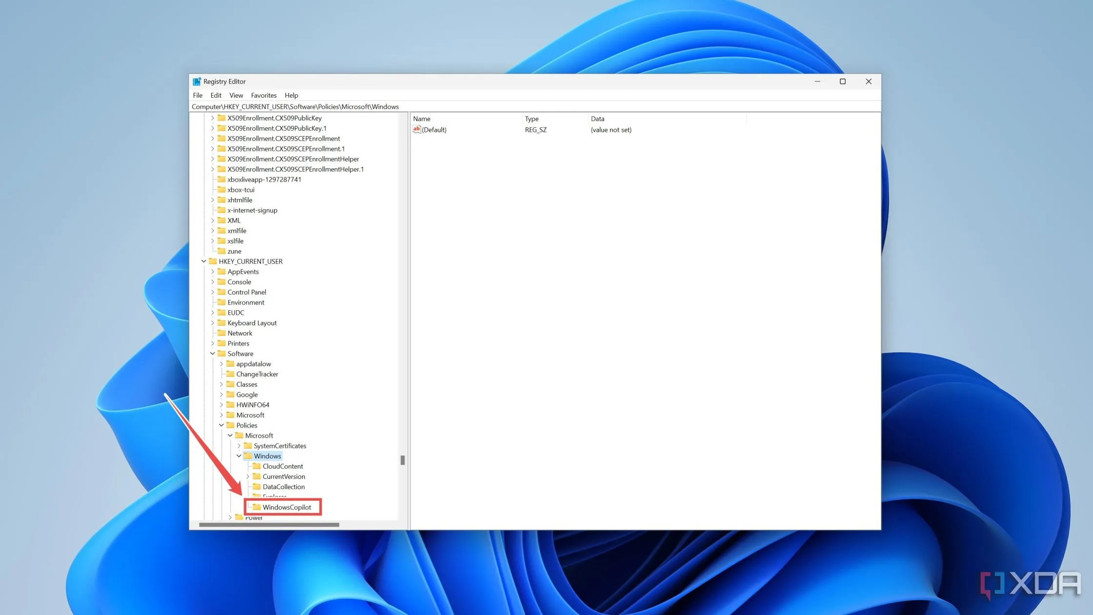 Đường dẫn HKEY_CURRENT_USERSoftwarePoliciesMicrosoftWindows trong Registry Editor để quản lý Copilot