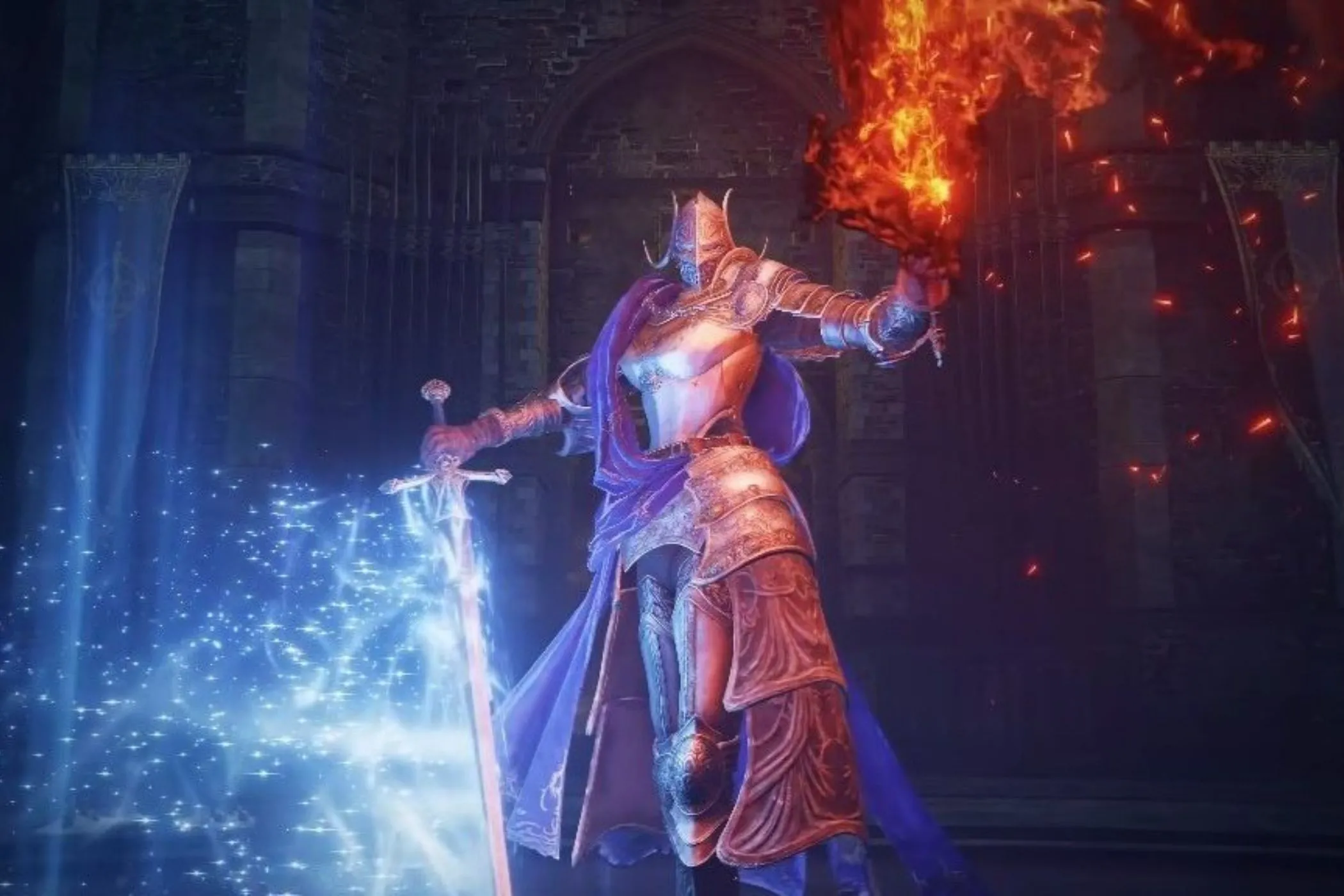 Elden Ring Rellana wielding magic and fire blades