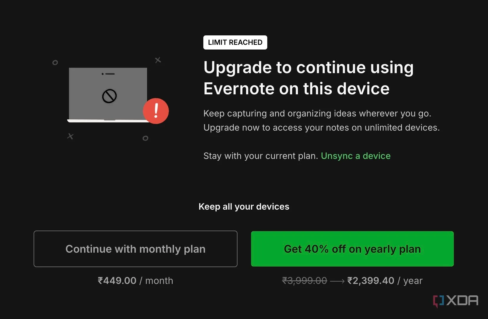 Evernote yêu cầu người dùng nâng cấp lên phiên bản trả phí